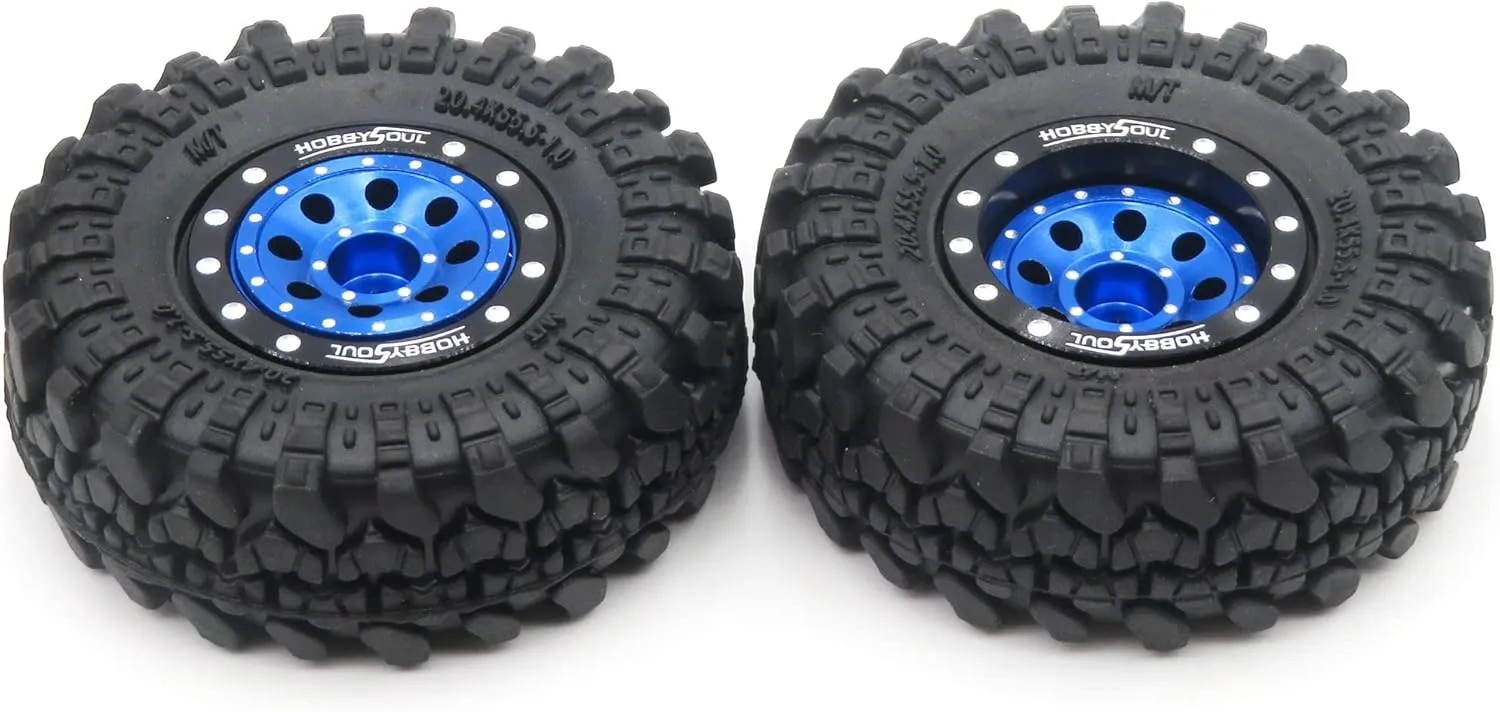 HOBBYSOUL RC 1.0 Tires & Heavy Adjustable Offset 1.0 Beadlock Wheels Black Blue for 1/24 RC Crawler Car Truck Axial SCX24 Upgrade,(4-Pack, Assembled)