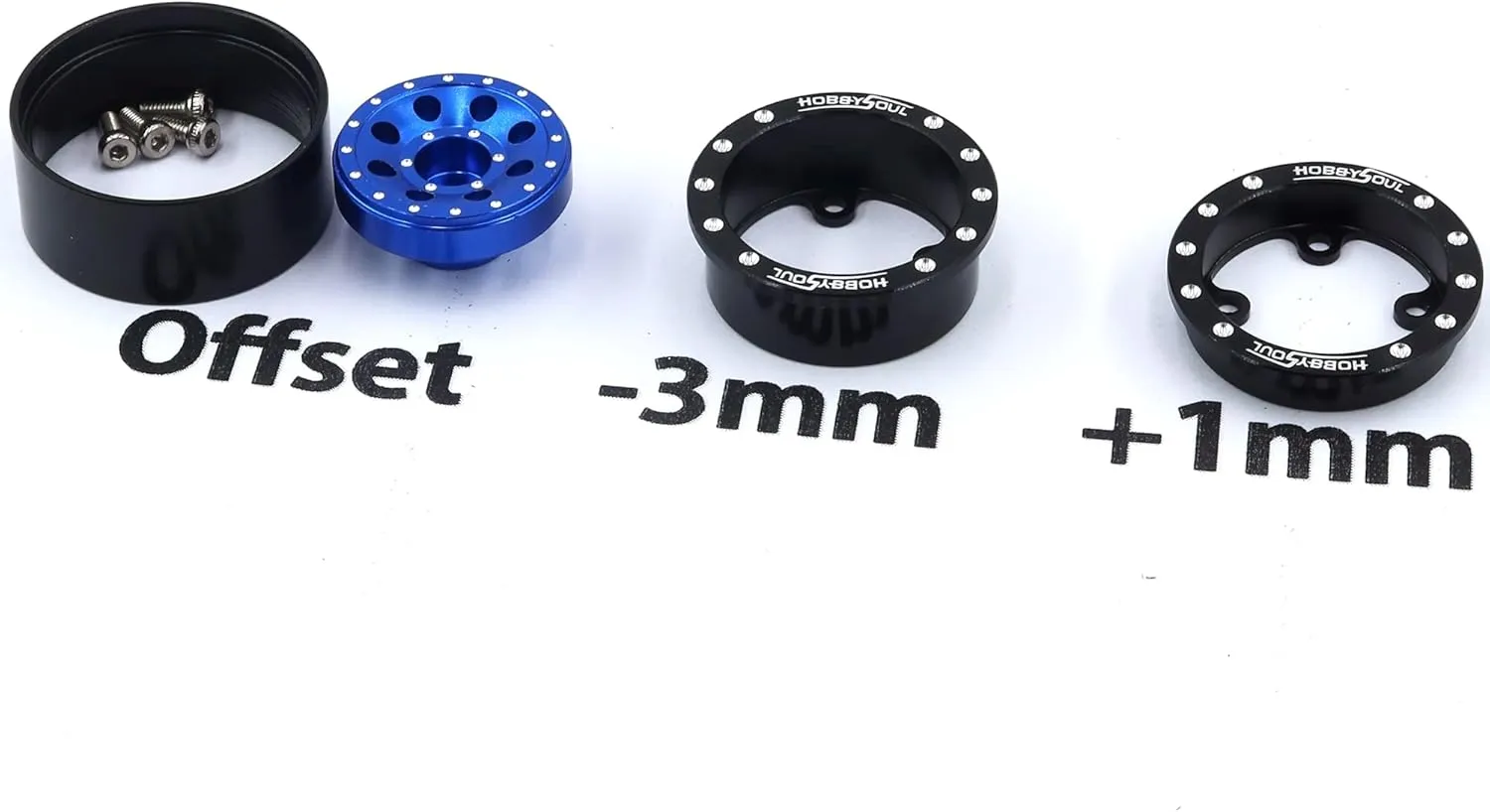 HOBBYSOUL RC 1.0 Tires & Heavy Adjustable Offset 1.0 Beadlock Wheels Black Blue for 1/24 RC Crawler Car Truck Axial SCX24 Upgrade,(4-Pack, Assembled)