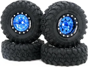 HOBBYSOUL RC 1.0 Tires & Heavy Adjustable Offset 1.0 Beadlock Wheels Black Blue for 1/24 RC Crawler Car Truck Axial SCX24 Upgrade,(4-Pack, Assembled)