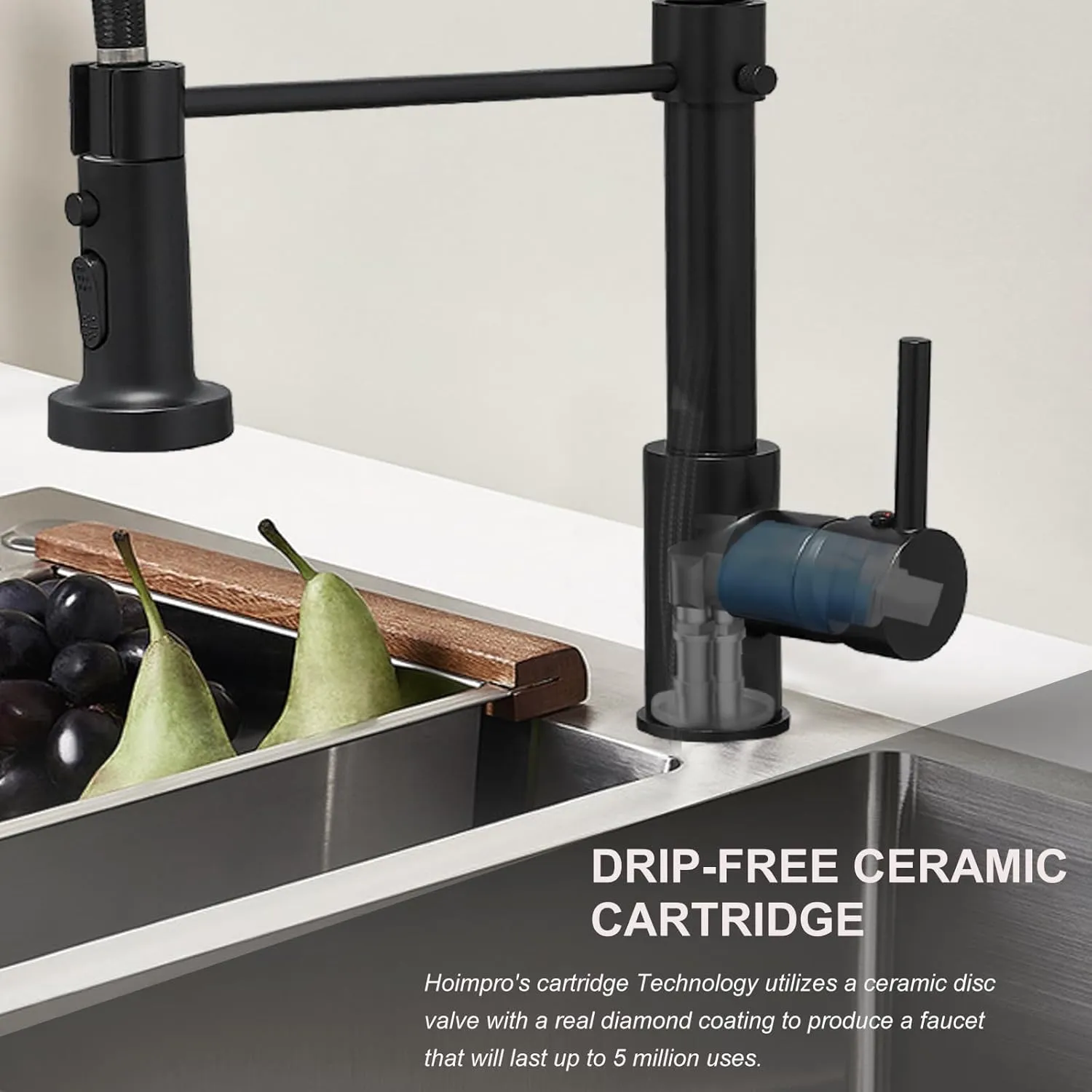 Hoimpro Matte Black Spring Kitchen Faucet with Pull Down Sprayer, Rv Kitchen Sink Faucets with Pull-Down Sprayer, 3 Function Single Handle Laundry Faucet