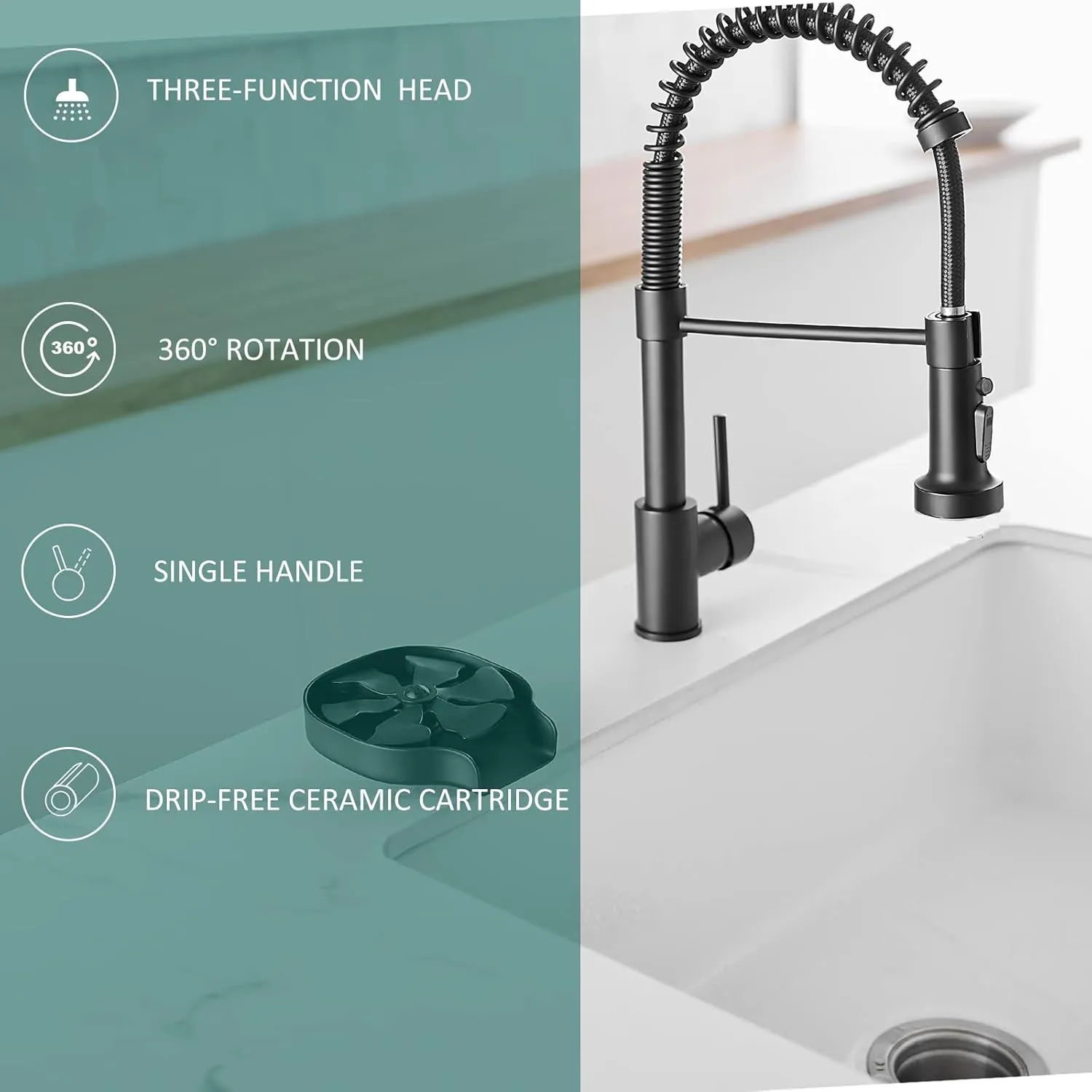Hoimpro Matte Black Spring Kitchen Faucet with Pull Down Sprayer, Rv Kitchen Sink Faucets with Pull-Down Sprayer, 3 Function Single Handle Laundry Faucet