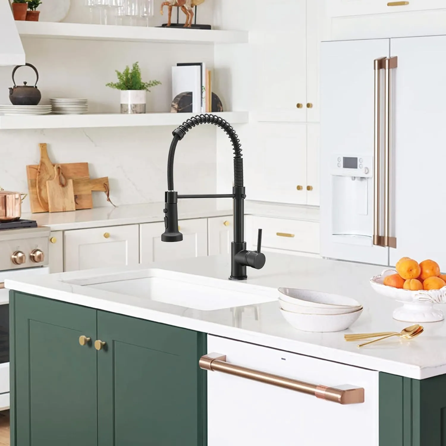 Hoimpro Matte Black Spring Kitchen Faucet with Pull Down Sprayer, Rv Kitchen Sink Faucets with Pull-Down Sprayer, 3 Function Single Handle Laundry Faucet