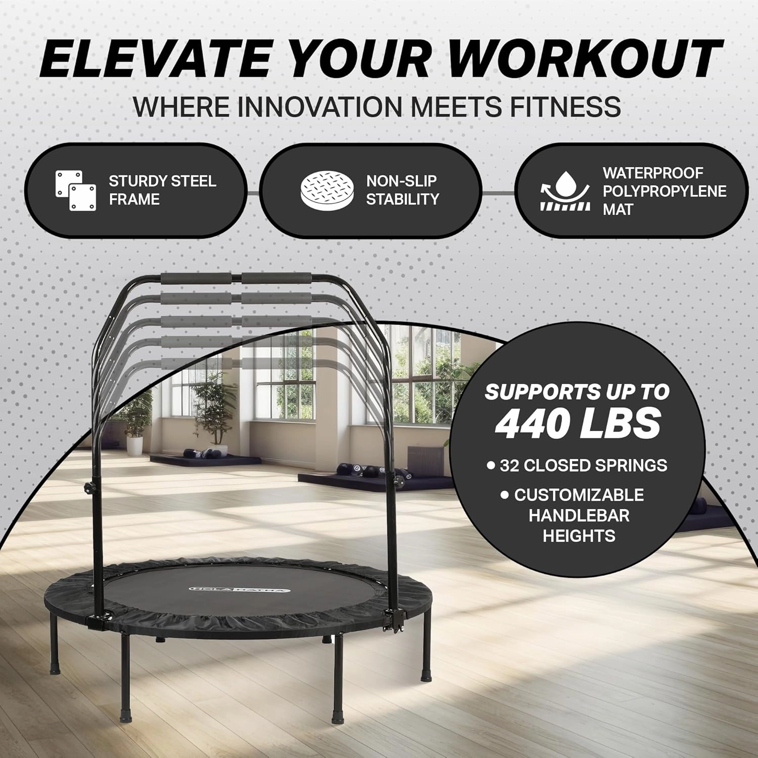 HolaHatha Portable Foldable Mini Trampoline Fitness Rebounder with 5 Level Adjustable Handle, Supports up to 440 Pounds