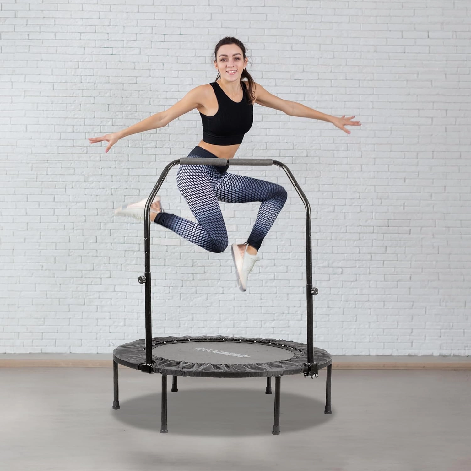 HolaHatha Portable Foldable Mini Trampoline Fitness Rebounder with 5 Level Adjustable Handle, Supports up to 440 Pounds