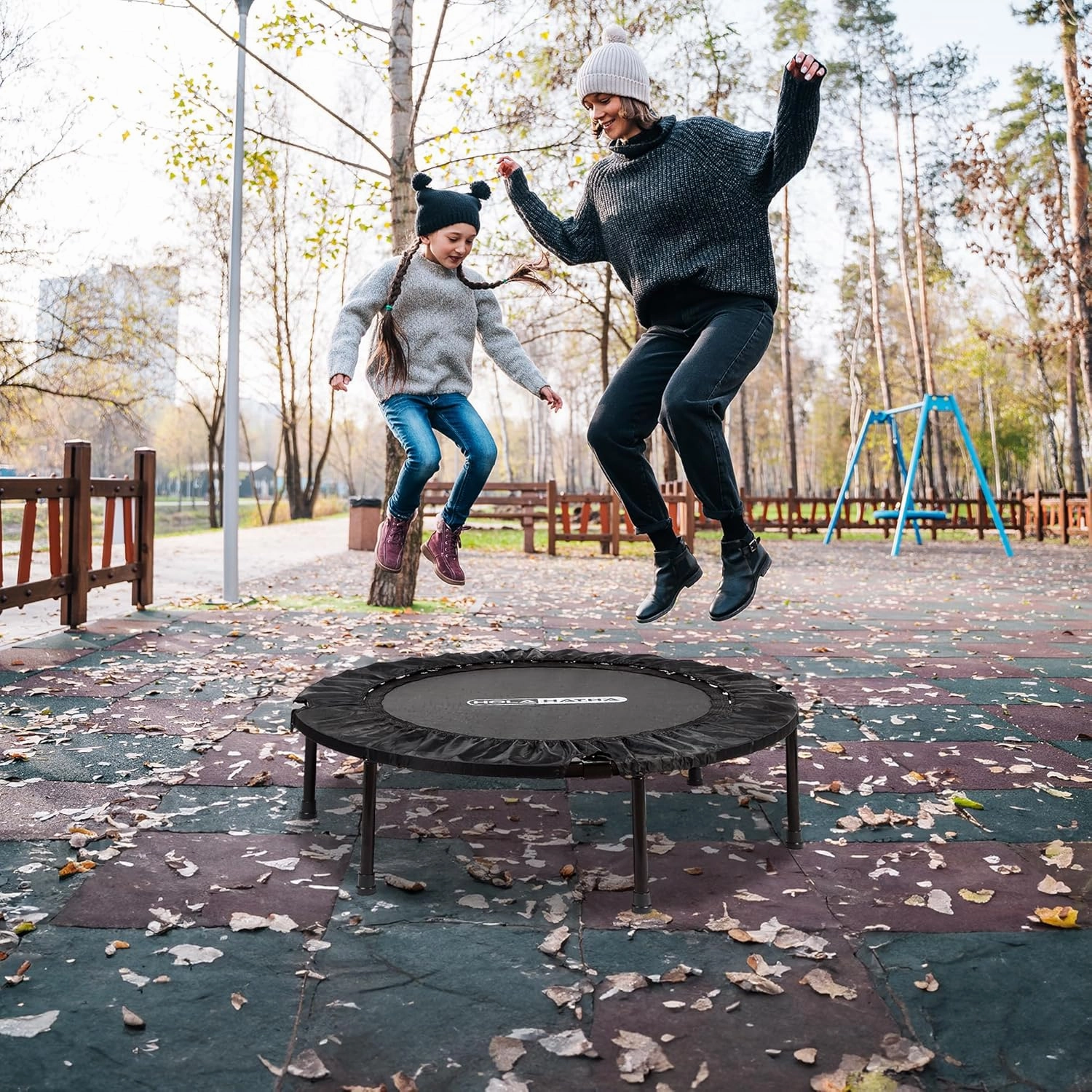 HolaHatha Portable Foldable Mini Trampoline Fitness Rebounder with 5 Level Adjustable Handle, Supports up to 440 Pounds
