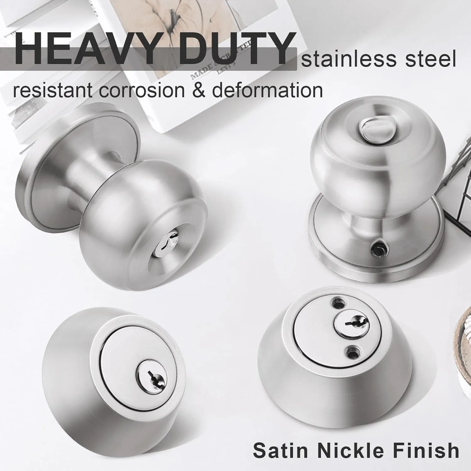 home improvement direct 1 Pack Keyed Alike Entry Door Knob and Deadbolt Set in Satin Nickel, Double Cylinder Deadbolt Door Lockset for Entrance Exterior Gate and Front Door