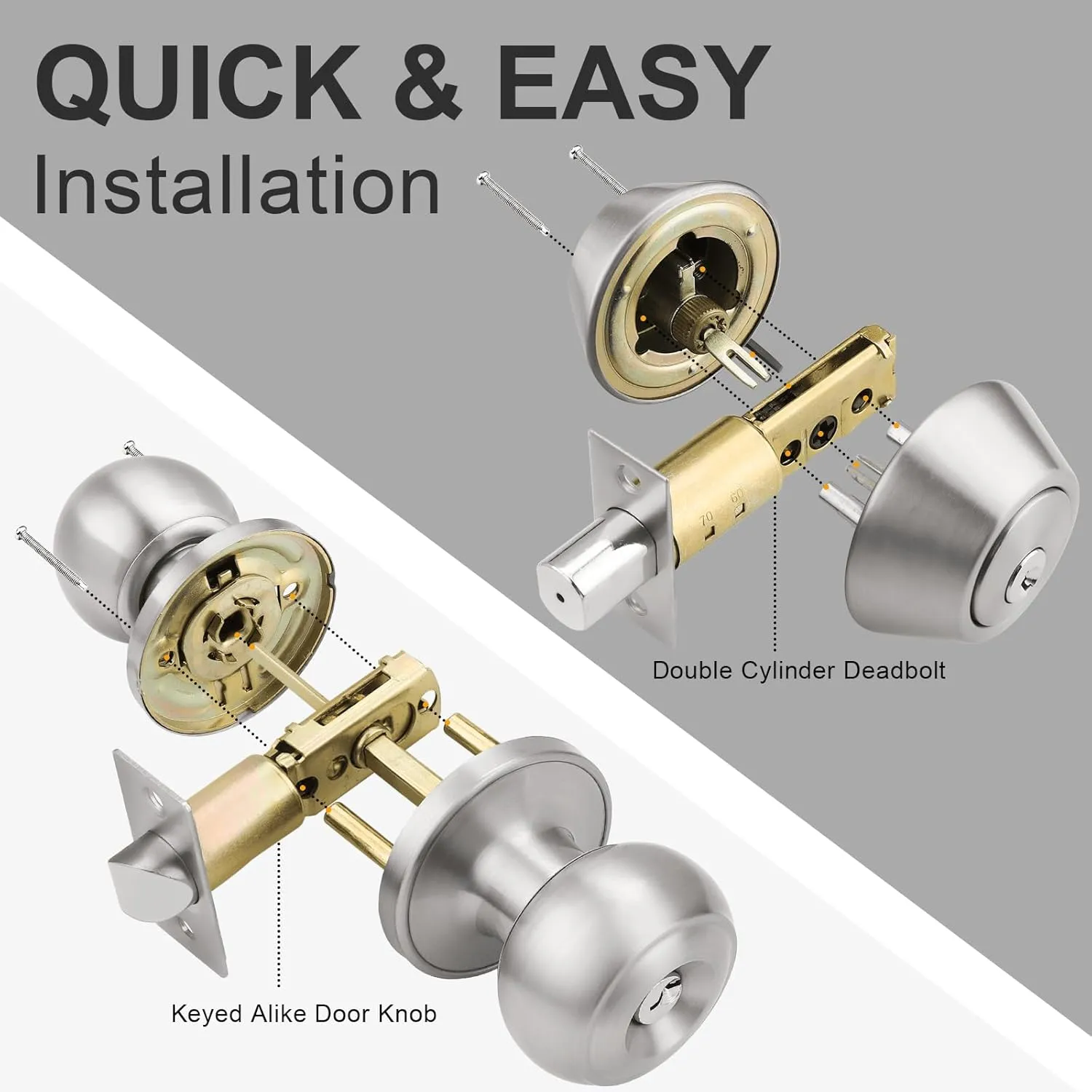 home improvement direct 1 Pack Keyed Alike Entry Door Knob and Deadbolt Set in Satin Nickel, Double Cylinder Deadbolt Door Lockset for Entrance Exterior Gate and Front Door