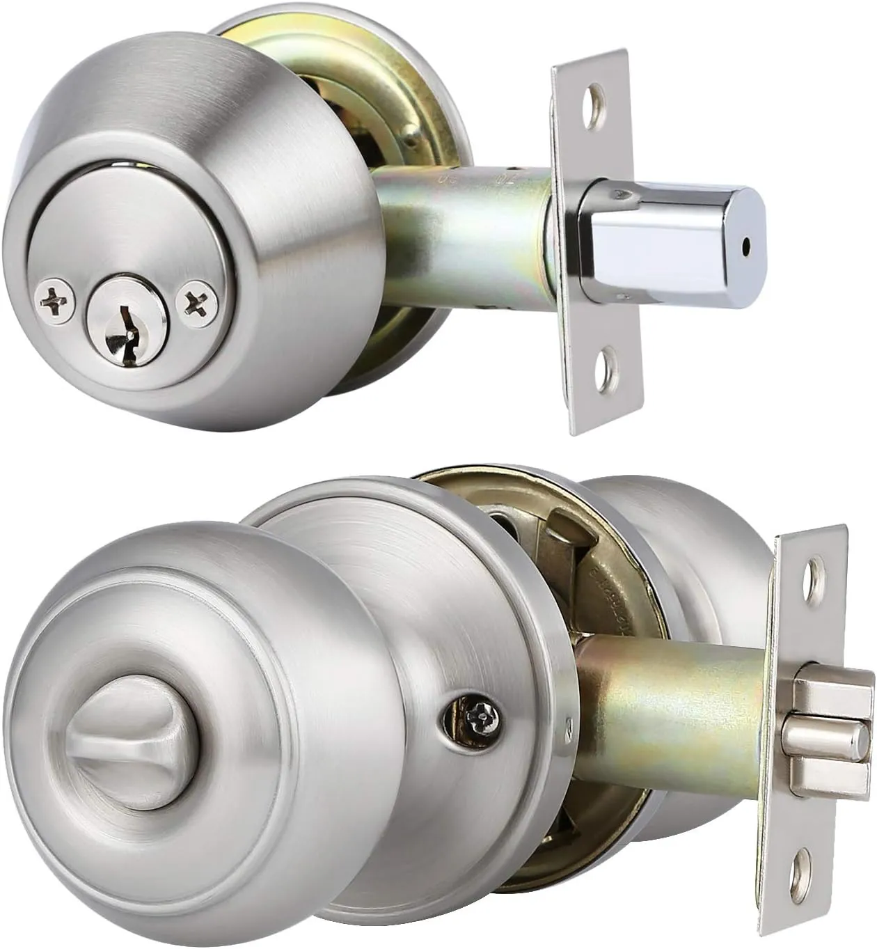 home improvement direct 1 Pack Keyed Alike Entry Door Knob and Deadbolt Set in Satin Nickel, Double Cylinder Deadbolt Door Lockset for Entrance Exterior Gate and Front Door