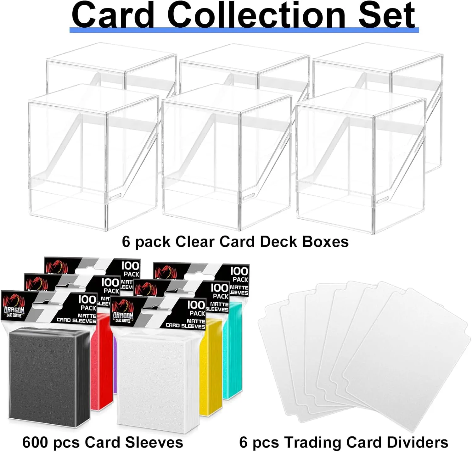 Homthy 6 Pack Card Deck Boxes, Card Deck Cases with 600 PCS Matte Card Sleeves, Commander Deck Boxes Trading Card Storager Fit for MTG, TCG, Sport Cards (6 colors)