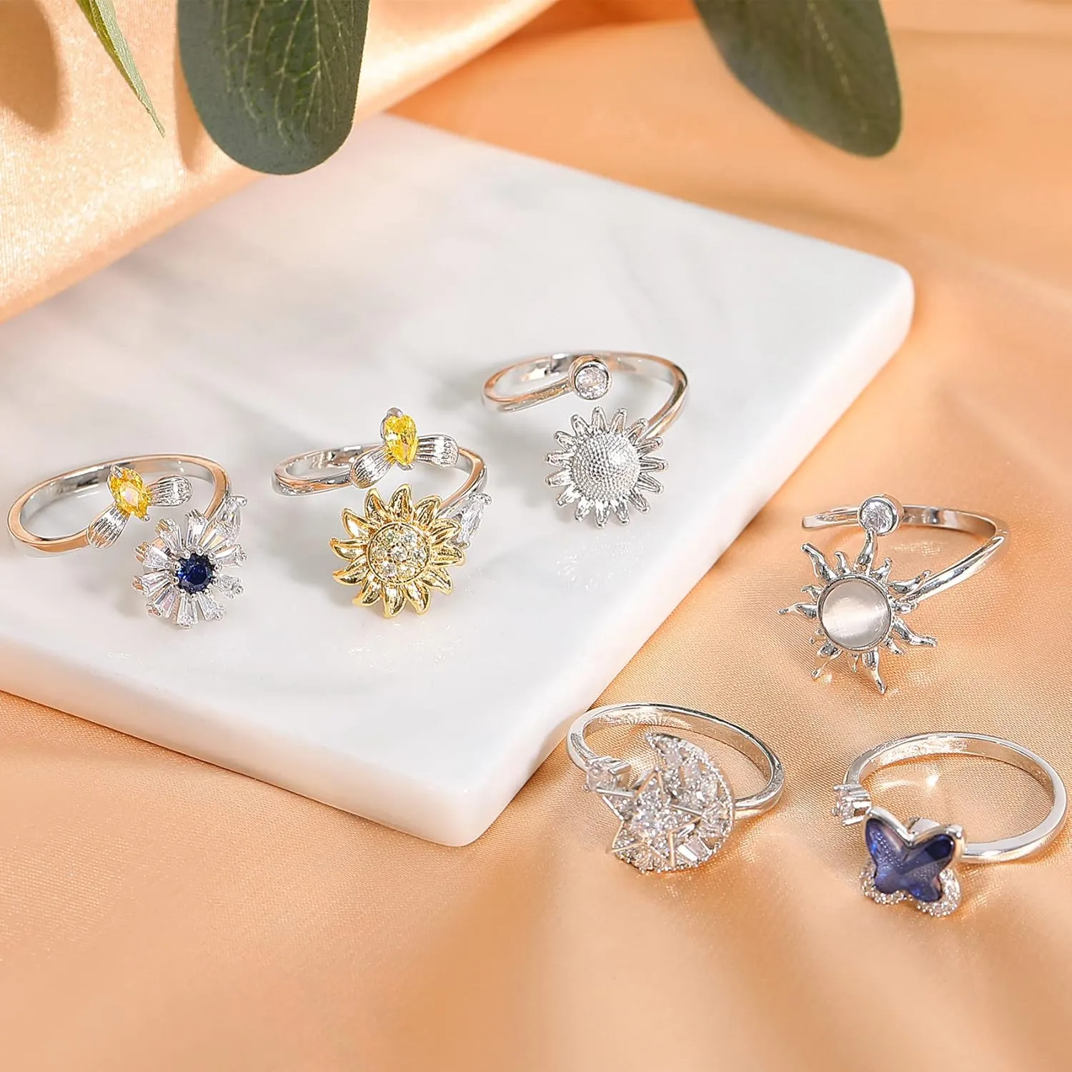 Honsny Fidget Rings for Women, Spinner Fidget Ring Set, Sunflower Butterfly Bee Star Moon Relief Spinning Rings for Adults