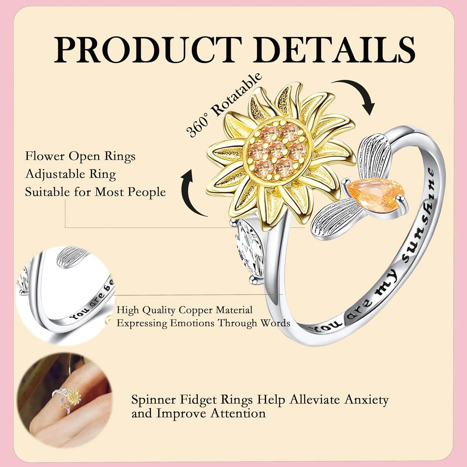 Honsny Fidget Rings for Women, Spinner Fidget Ring Set, Sunflower Butterfly Bee Star Moon Relief Spinning Rings for Adults
