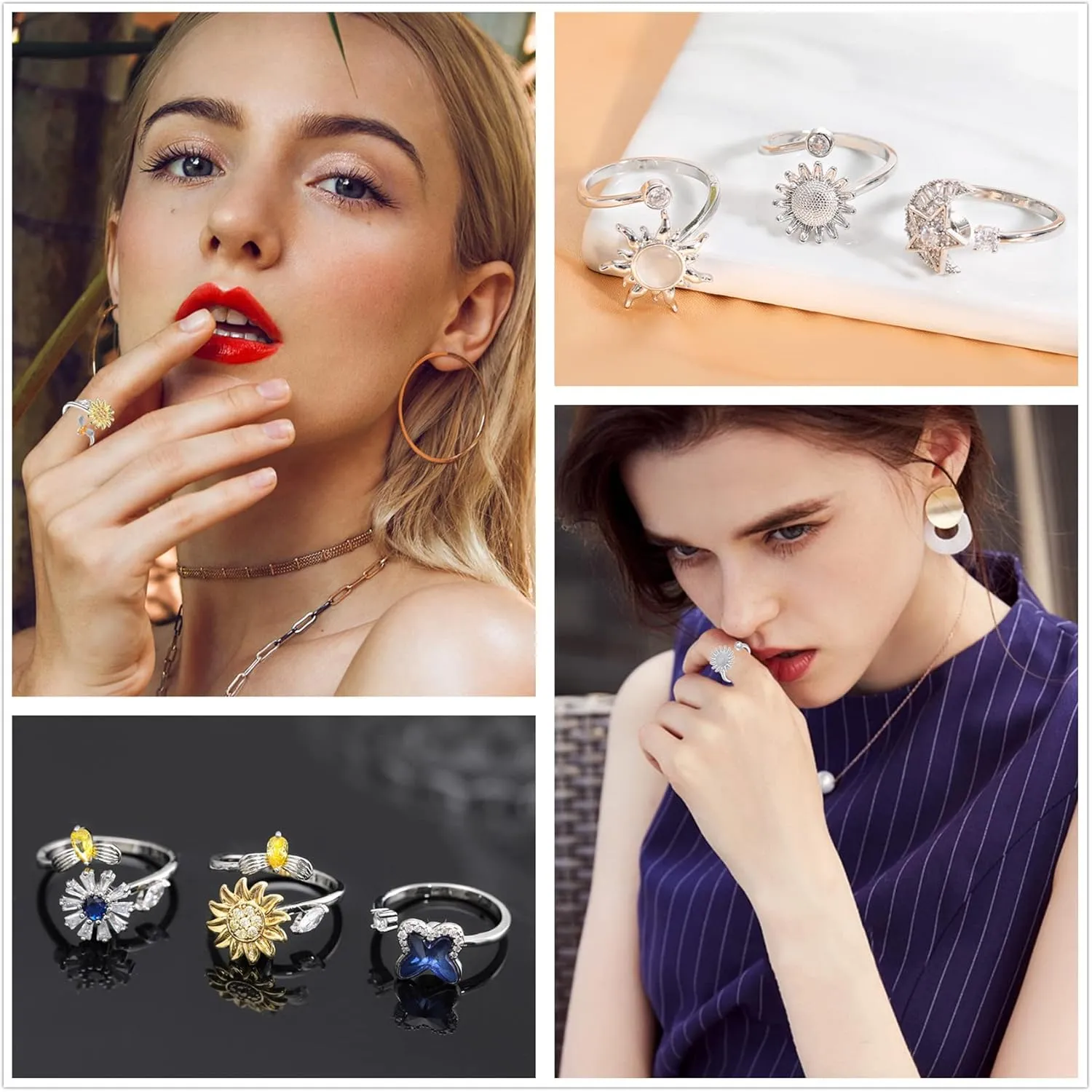 Honsny Fidget Rings for Women, Spinner Fidget Ring Set, Sunflower Butterfly Bee Star Moon Relief Spinning Rings for Adults