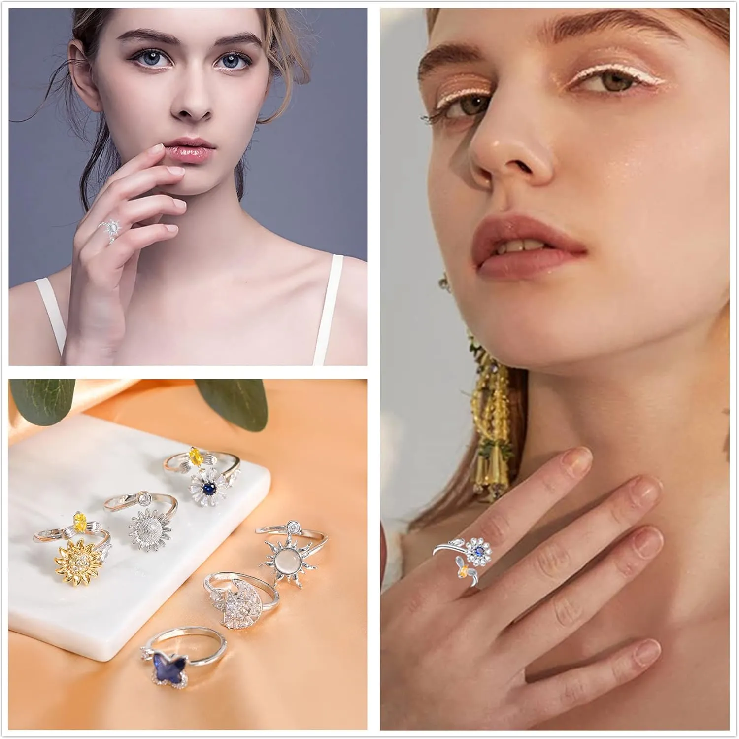 Honsny Fidget Rings for Women, Spinner Fidget Ring Set, Sunflower Butterfly Bee Star Moon Relief Spinning Rings for Adults
