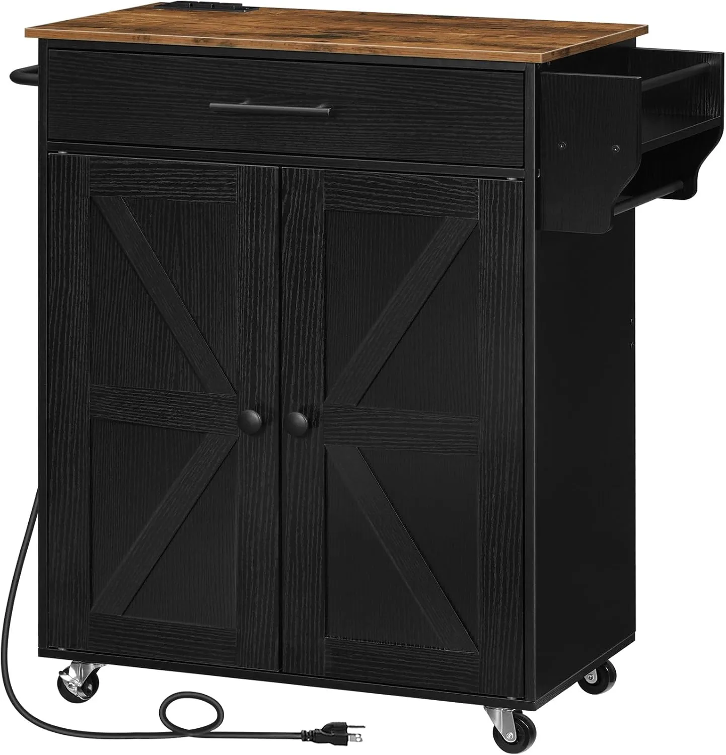 HOOBRO Kitchen Island With Power Outlet, Storage Island With Large Worktop, Spice Rack and Drawer, Rolling Cart on Wheels, for Kitchen and Dining Room, Rustic Brown and Black