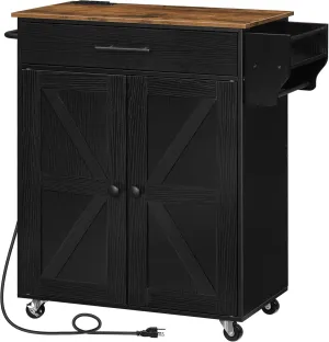 HOOBRO Kitchen Island With Power Outlet, Storage Island With Large Worktop, Spice Rack and Drawer, Rolling Cart on Wheels, for Kitchen and Dining Room, Rustic Brown and Black