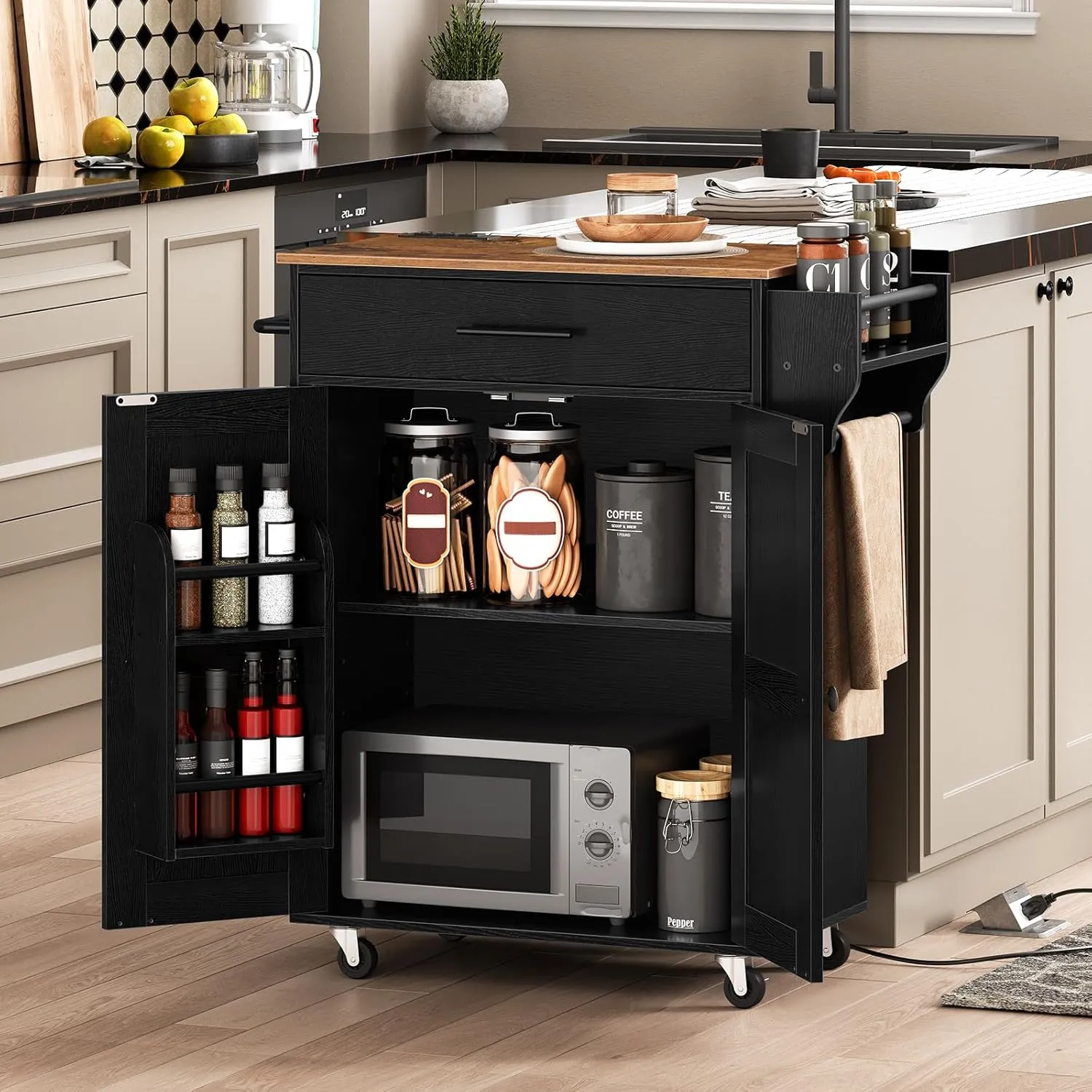 HOOBRO Kitchen Island With Power Outlet, Storage Island With Large Worktop, Spice Rack and Drawer, Rolling Cart on Wheels, for Kitchen and Dining Room, Rustic Brown and Black