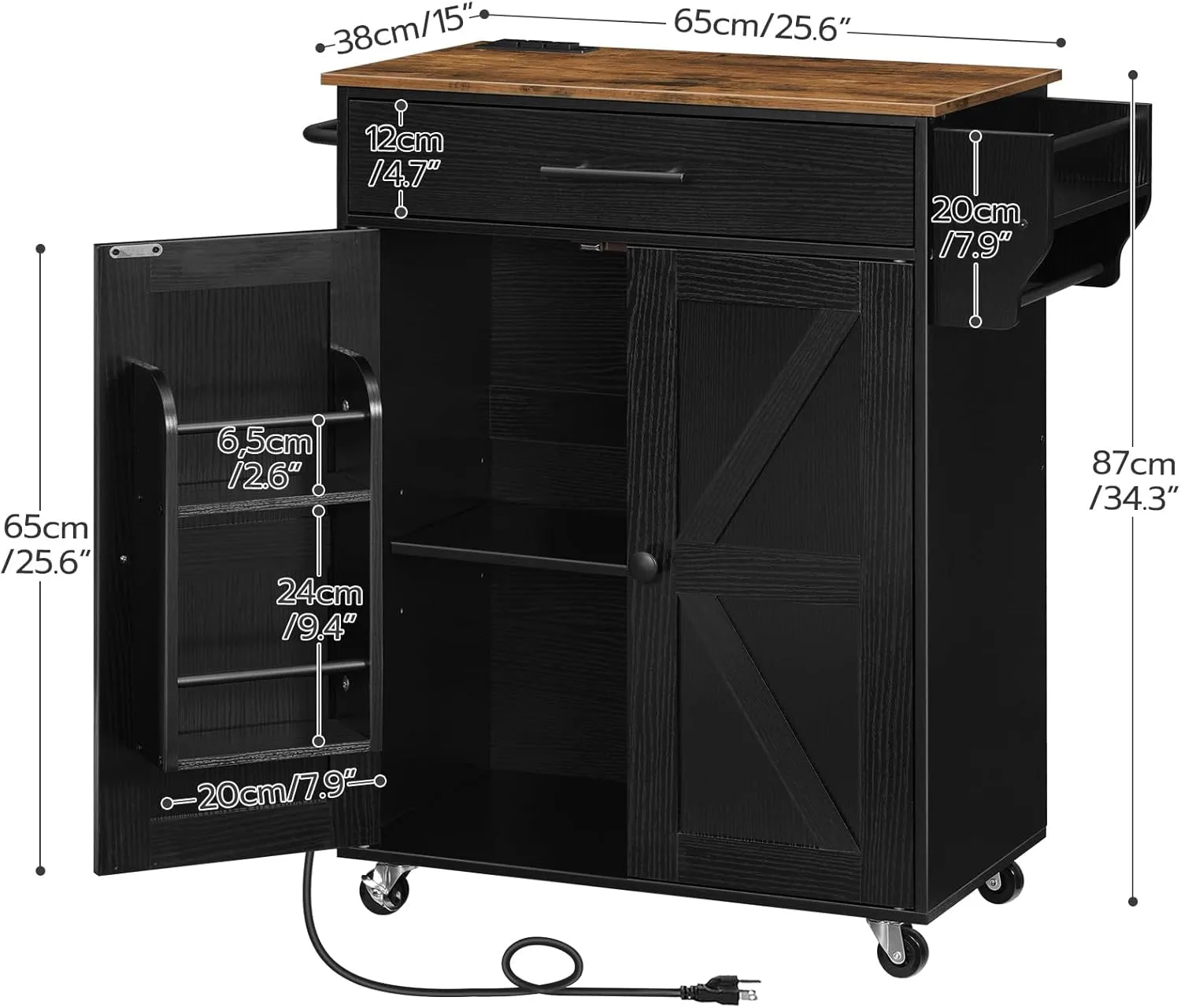HOOBRO Kitchen Island With Power Outlet, Storage Island With Large Worktop, Spice Rack and Drawer, Rolling Cart on Wheels, for Kitchen and Dining Room, Rustic Brown and Black
