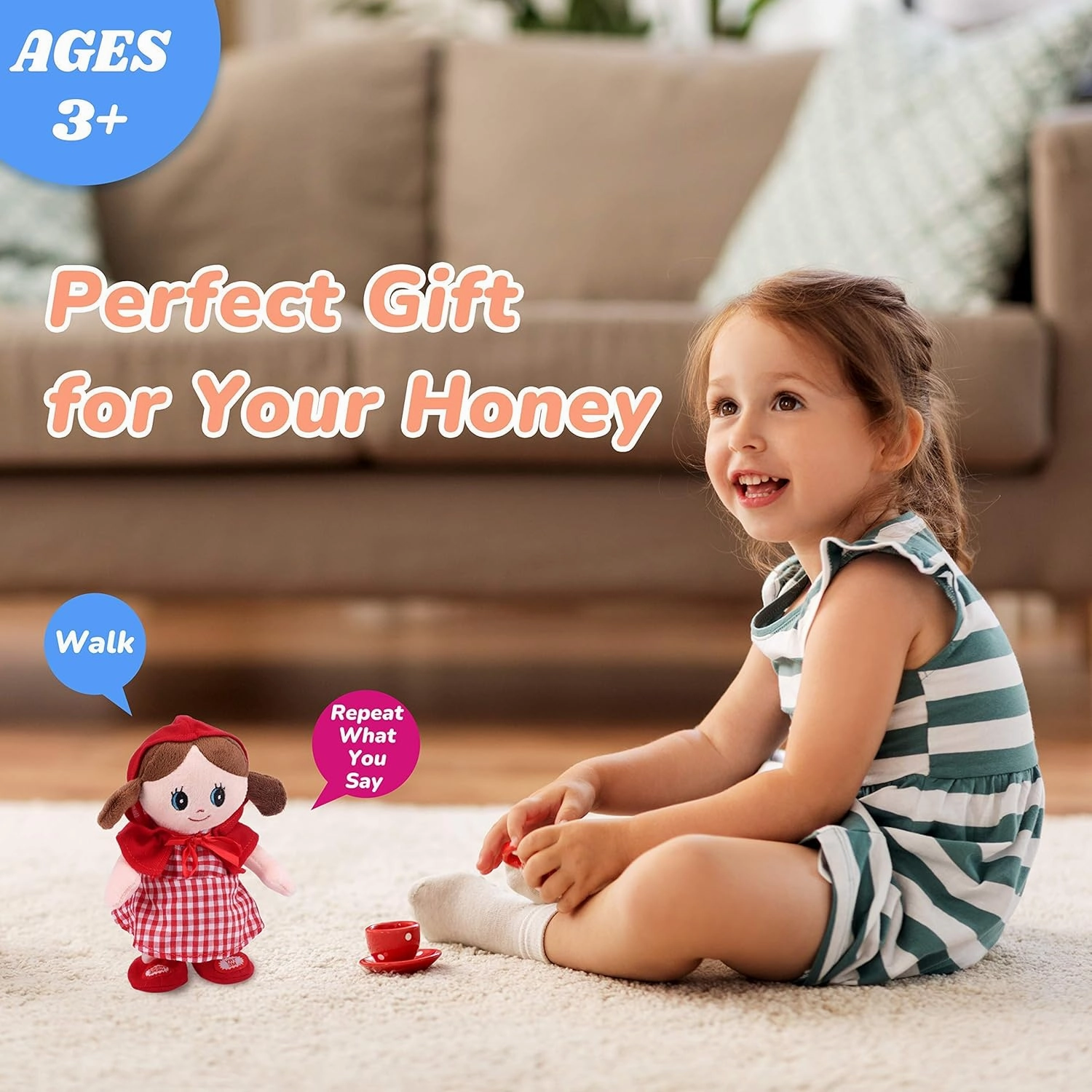Hopearl Talking Singing Doll Repeats What You Say Girl Walking Electric Interactive Animated Toy Speaking Plush Buddy Gifts for Toddlers, Red, 8''