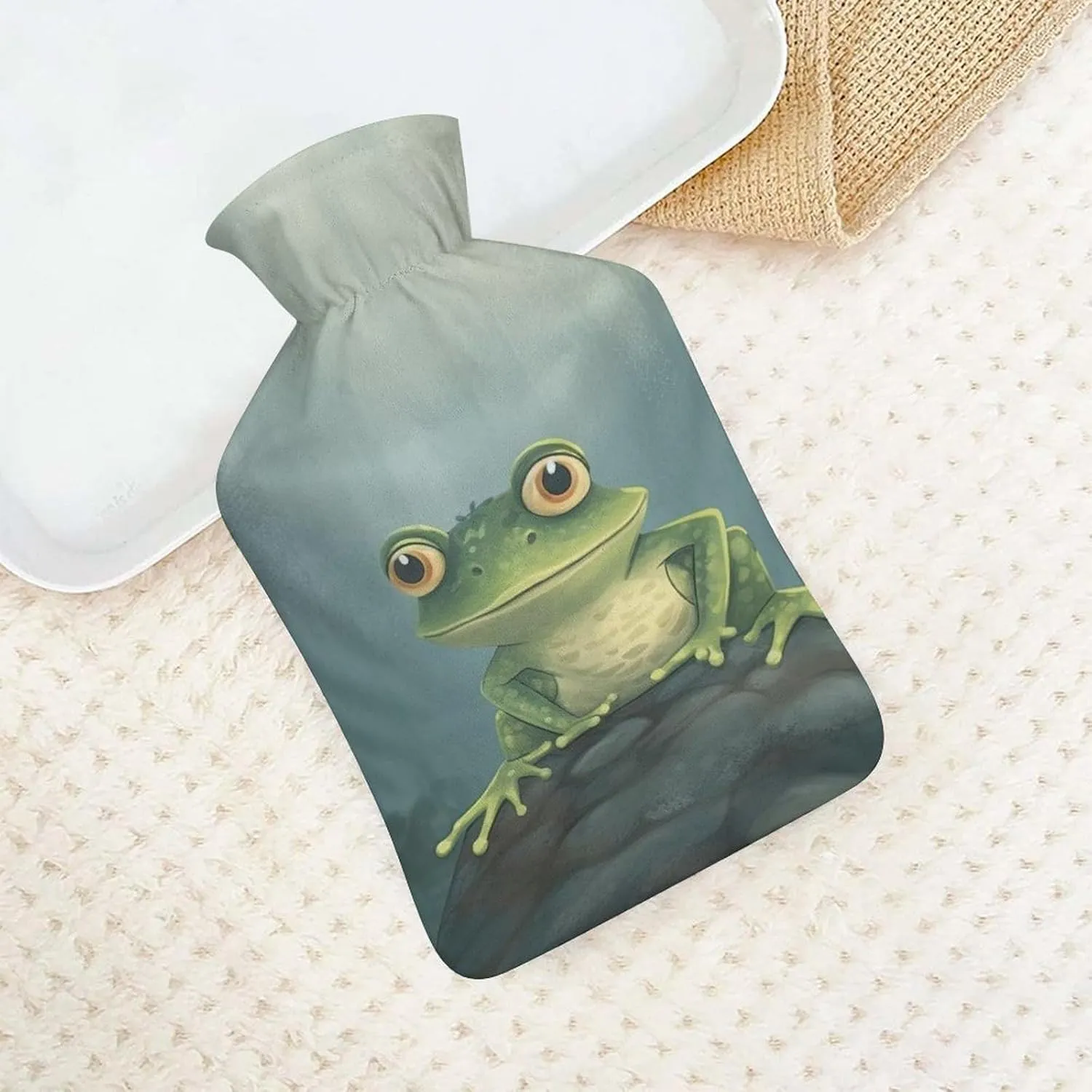 Hot Water Bottle with Soft Cover, Frog 1L Warm Water Bag for Menstrual Cramps, Psychedelic Neck and Shoulder Pain Relief, Ideal for Hand & Feet Warmer for Kids, Men & Women, Hot & Cold Compress