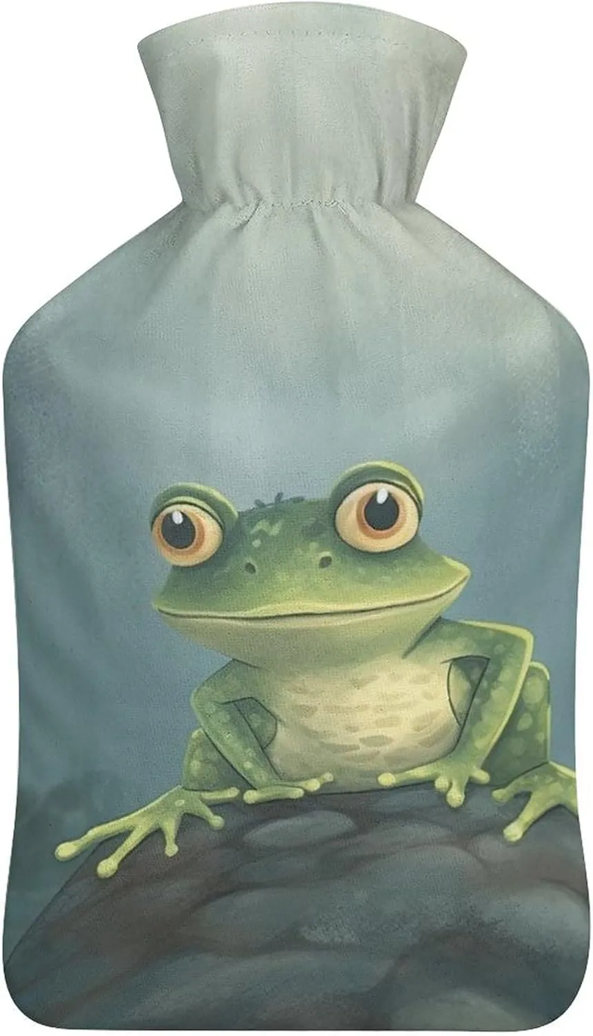 Hot Water Bottle with Soft Cover, Frog 1L Warm Water Bag for Menstrual Cramps, Psychedelic Neck and Shoulder Pain Relief, Ideal for Hand & Feet Warmer for Kids, Men & Women, Hot & Cold Compress