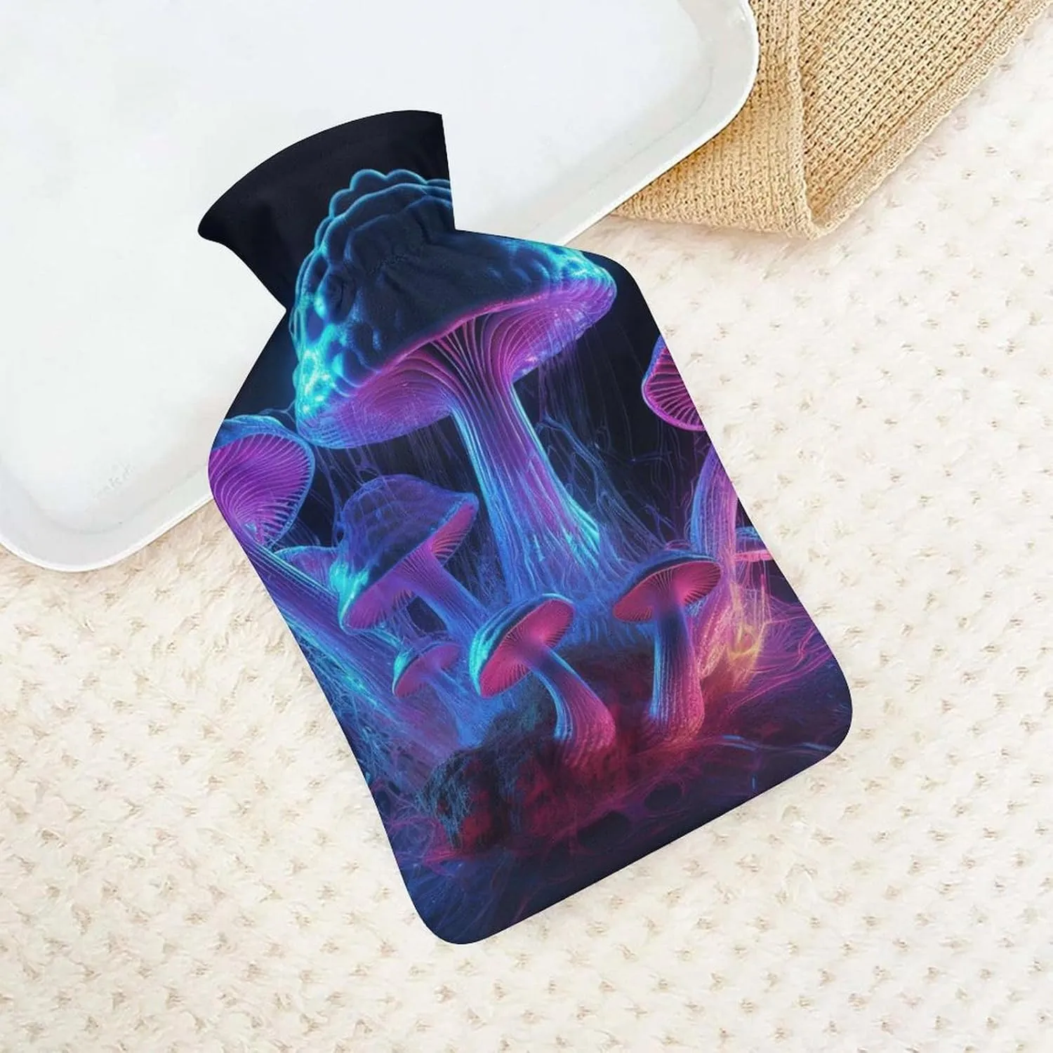 Hot Water Bottle with Soft Cover, Fungus 1L Warm Water Bag for Menstrual Cramps, Fantasy Plant Neck and Shoulder Pain Relief, Ideal for Hand & Feet Warmer for Kids, Men & Women, Hot & Cold Compress