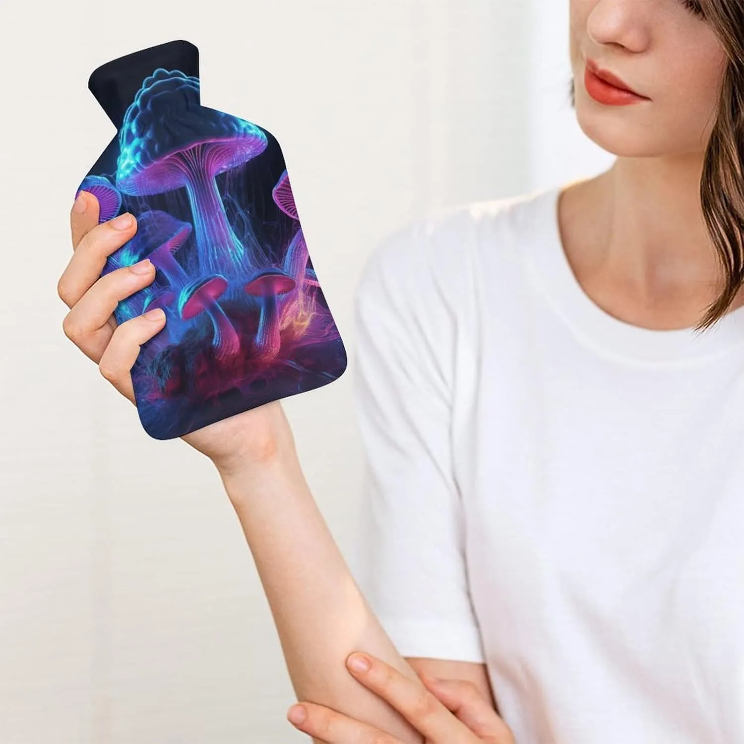 Hot Water Bottle with Soft Cover, Fungus 1L Warm Water Bag for Menstrual Cramps, Fantasy Plant Neck and Shoulder Pain Relief, Ideal for Hand & Feet Warmer for Kids, Men & Women, Hot & Cold Compress