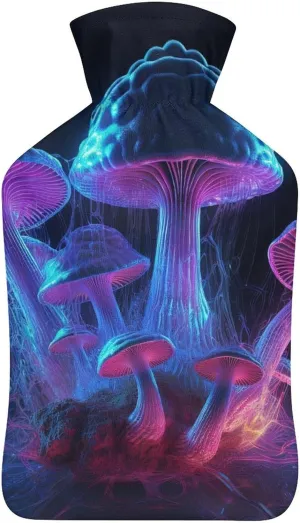Hot Water Bottle with Soft Cover, Fungus 1L Warm Water Bag for Menstrual Cramps, Fantasy Plant Neck and Shoulder Pain Relief, Ideal for Hand & Feet Warmer for Kids, Men & Women, Hot & Cold Compress