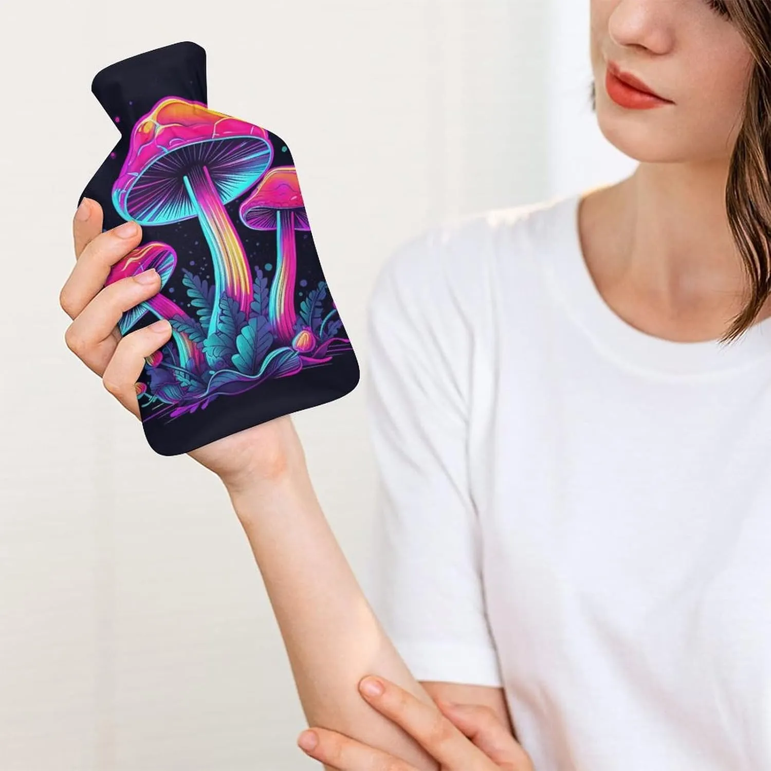 Hot Water Bottle with Soft Cover, Fungus 1L Warm Water Bag for Menstrual Cramps, Mushroom Neck and Shoulder Pain Relief, Ideal for Hand & Feet Warmer for Kids, Men & Women, Hot & Cold Compress