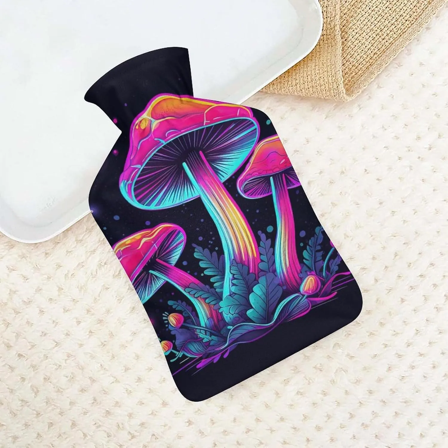 Hot Water Bottle with Soft Cover, Fungus 1L Warm Water Bag for Menstrual Cramps, Mushroom Neck and Shoulder Pain Relief, Ideal for Hand & Feet Warmer for Kids, Men & Women, Hot & Cold Compress