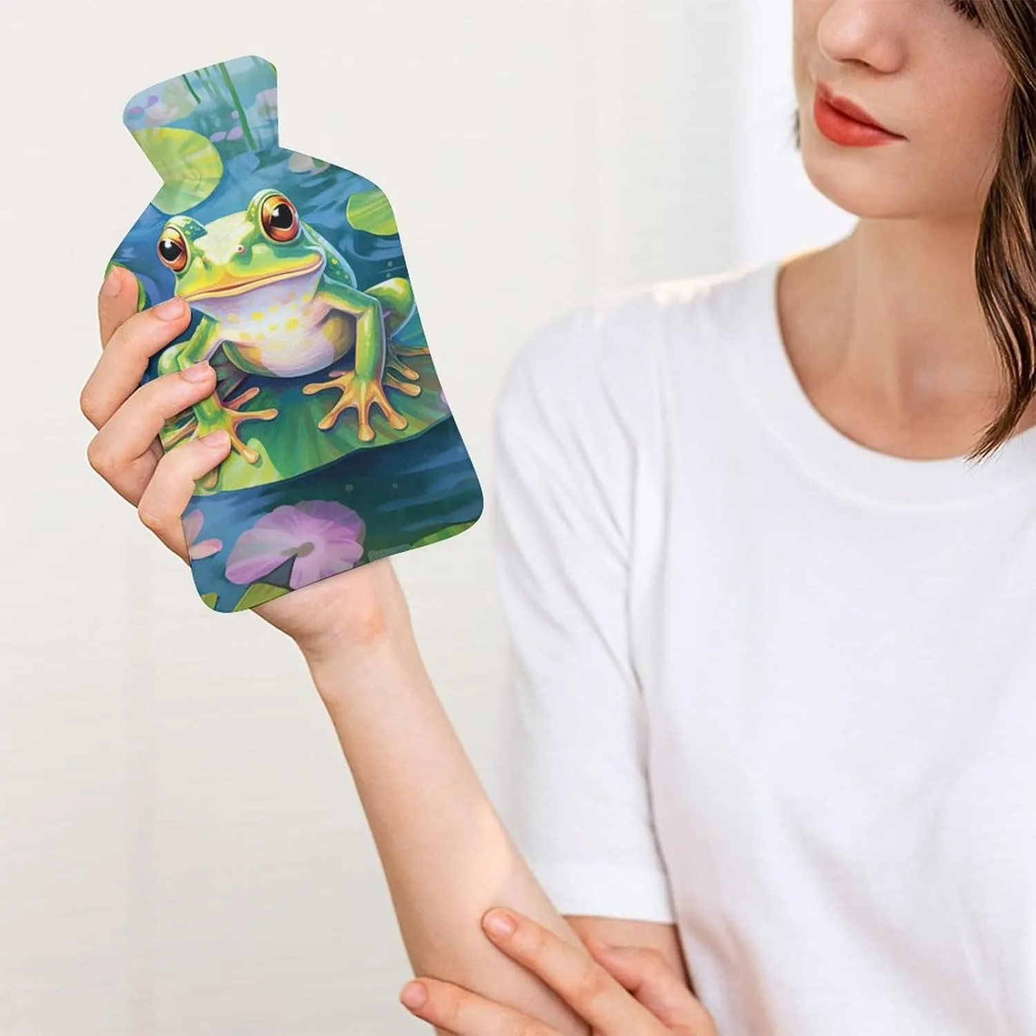 Hot Water Bottle with Soft Cover, Lotus 1L Warm Water Bag for Menstrual Cramps, Frog Neck and Shoulder Pain Relief, Ideal for Hand & Feet Warmer for Kids, Men & Women, Hot & Cold Compress
