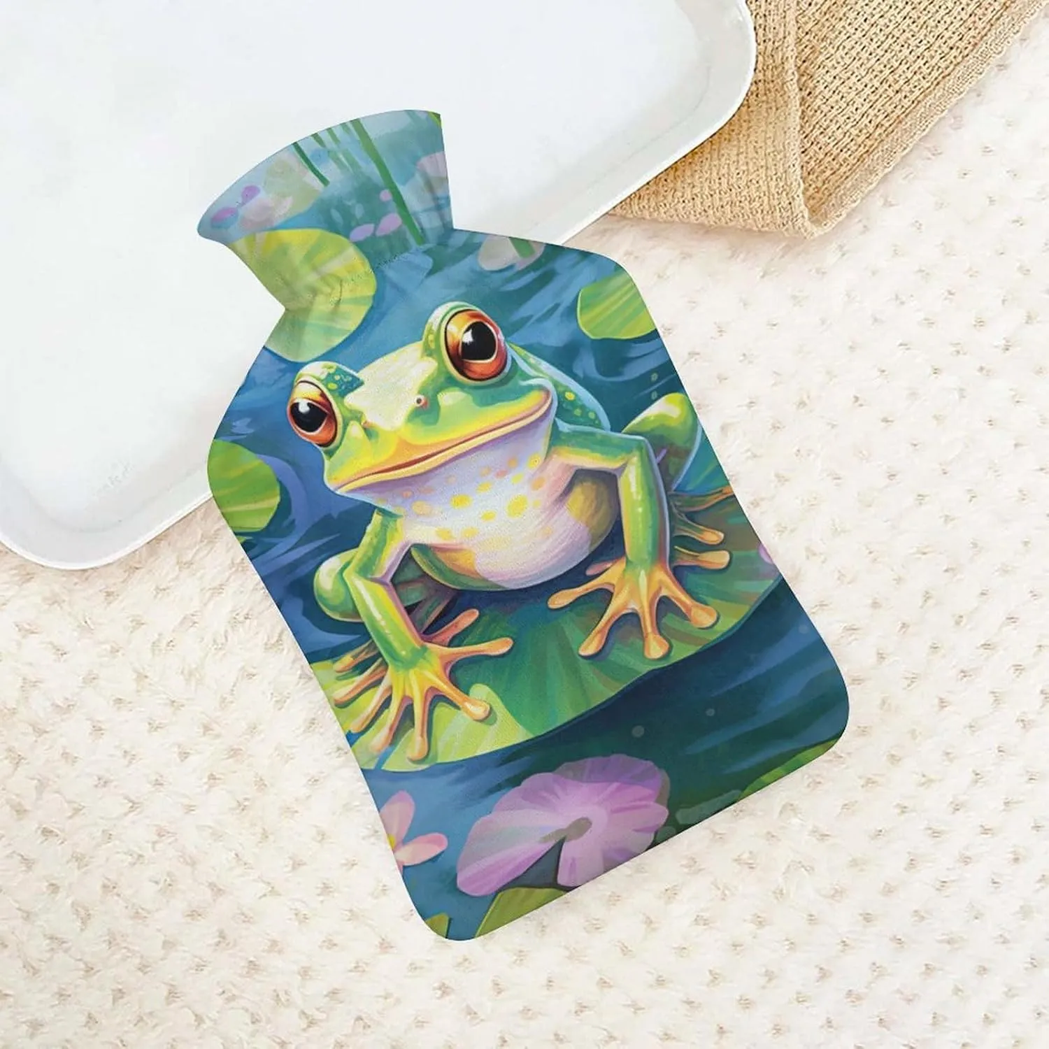 Hot Water Bottle with Soft Cover, Lotus 1L Warm Water Bag for Menstrual Cramps, Frog Neck and Shoulder Pain Relief, Ideal for Hand & Feet Warmer for Kids, Men & Women, Hot & Cold Compress