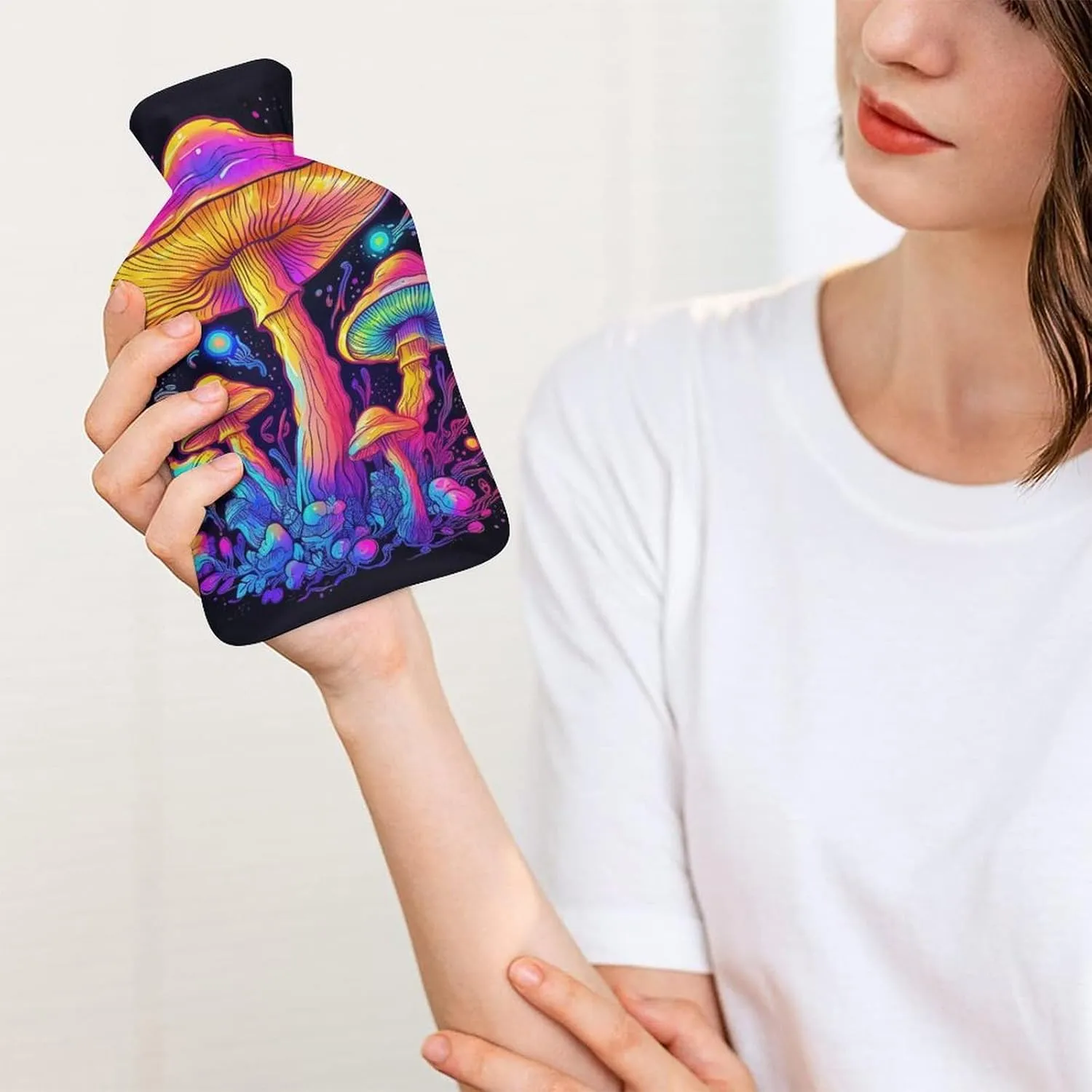 Hot Water Bottle with Soft Cover, Mushroom 1L Warm Water Bag for Menstrual Cramps, Fungus Neck and Shoulder Pain Relief, Ideal for Hand & Feet Warmer for Kids, Men & Women, Hot & Cold Compress