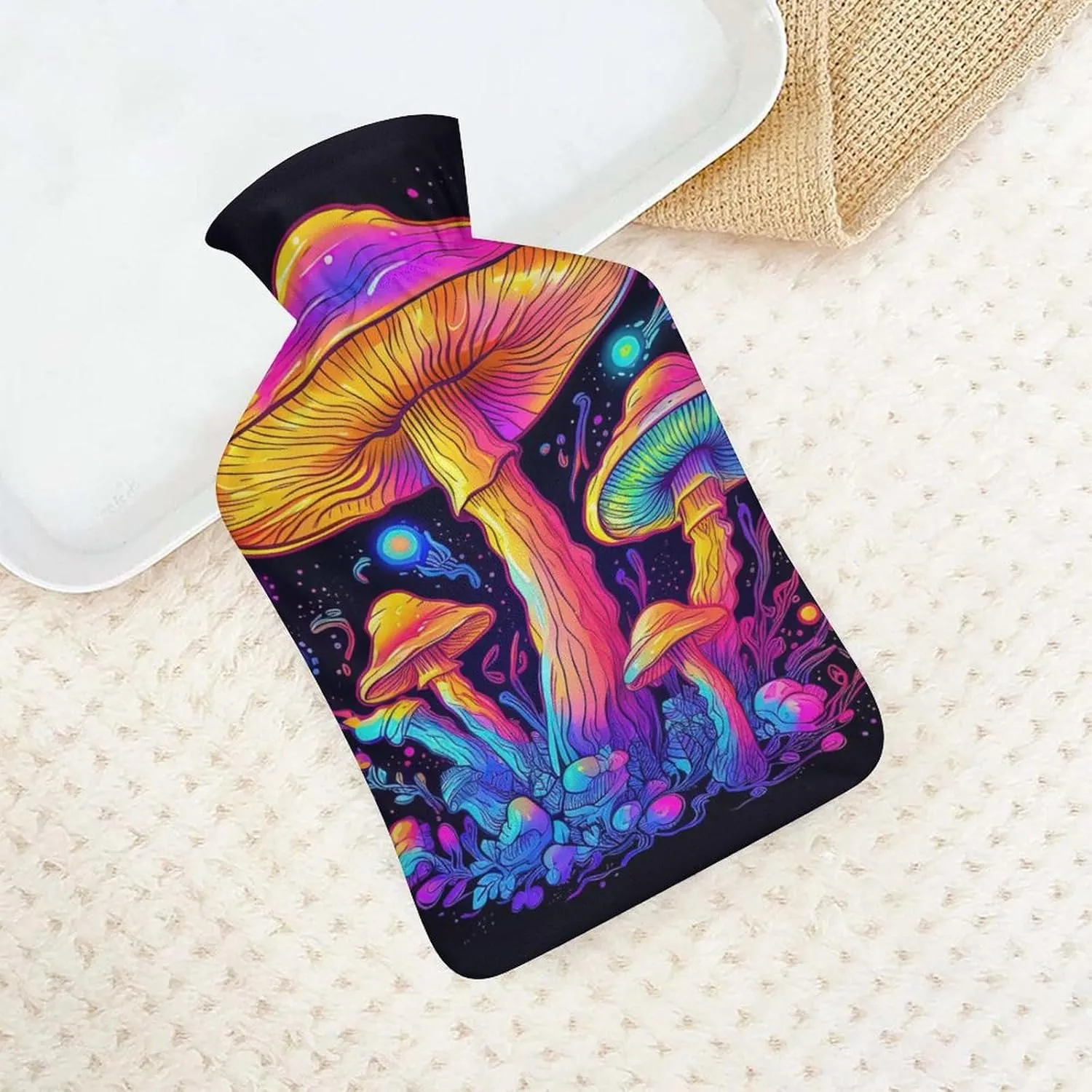 Hot Water Bottle with Soft Cover, Mushroom 1L Warm Water Bag for Menstrual Cramps, Fungus Neck and Shoulder Pain Relief, Ideal for Hand & Feet Warmer for Kids, Men & Women, Hot & Cold Compress