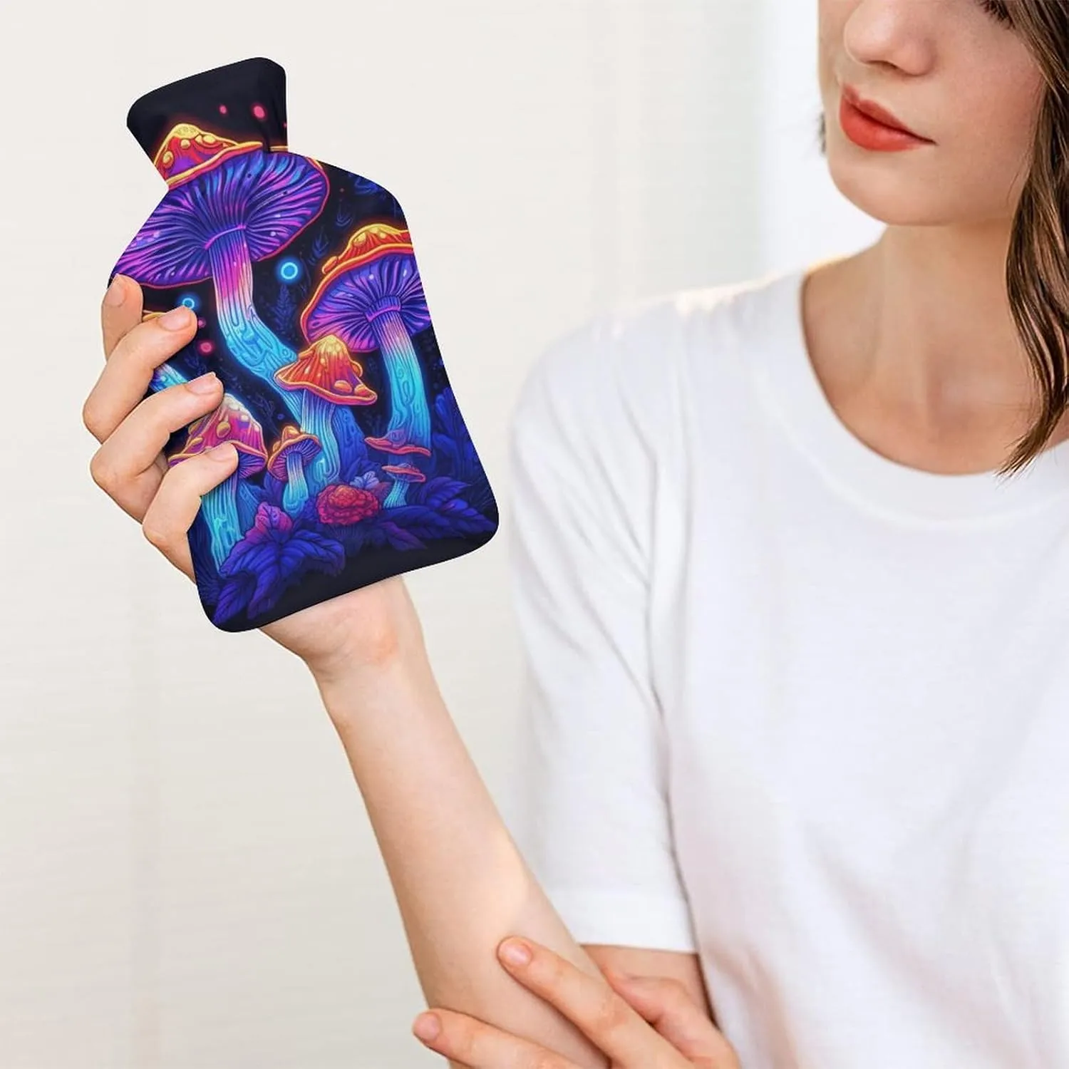 Hot Water Bottle with Soft Cover, Trippy Mushroom 1L Warm Water Bag for Menstrual Cramps, Fungus Neck and Shoulder Pain Relief, Ideal for Hand & Feet Warmer for Kids, Men & Women, Hot & Cold Compress