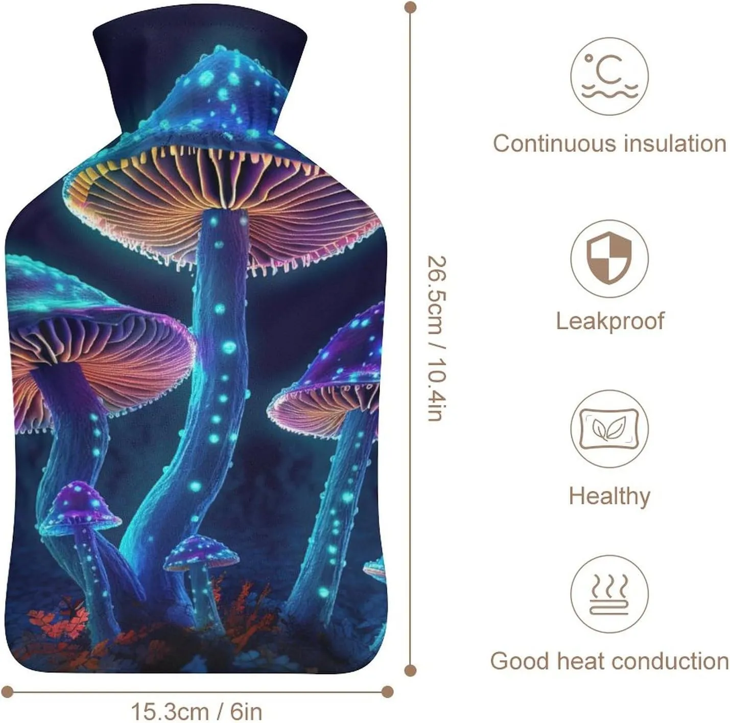 Hot Water Bottle with Soft Cover, Trippy Mushroom 1L Warm Water Bag for Menstrual Cramps, Fungus Neck and Shoulder Pain Relief, Ideal for Hand & Feet Warmer for Kids, Men & Women, Hot & Cold Compress