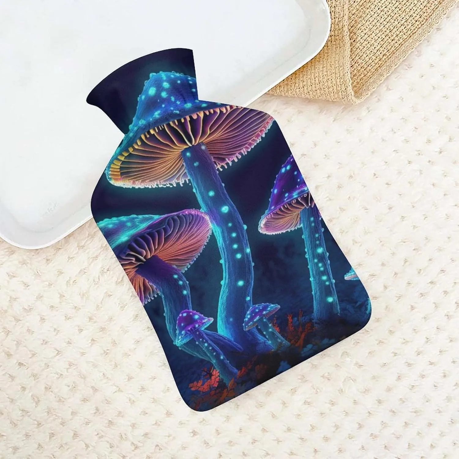 Hot Water Bottle with Soft Cover, Trippy Mushroom 1L Warm Water Bag for Menstrual Cramps, Fungus Neck and Shoulder Pain Relief, Ideal for Hand & Feet Warmer for Kids, Men & Women, Hot & Cold Compress