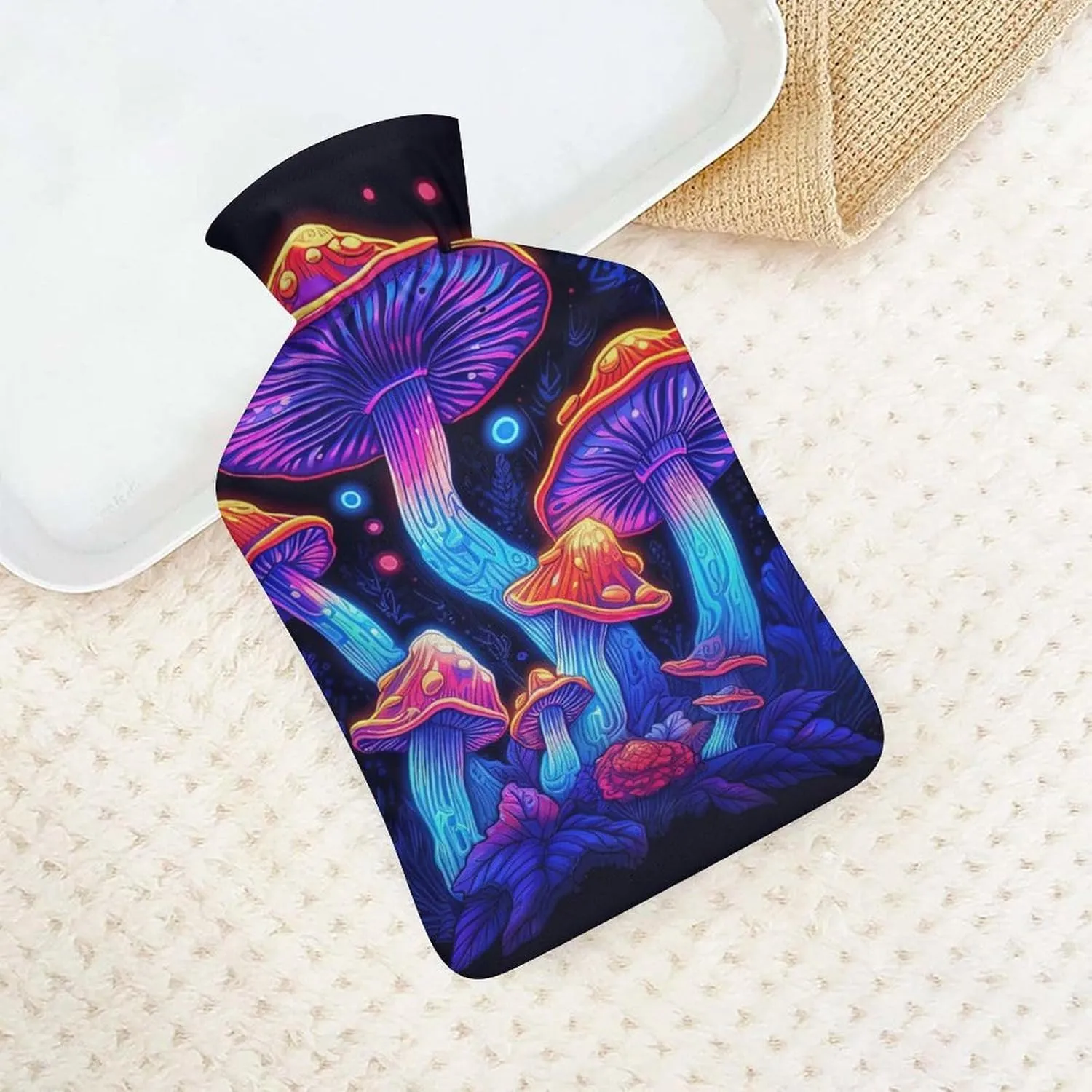 Hot Water Bottle with Soft Cover, Trippy Mushroom 1L Warm Water Bag for Menstrual Cramps, Fungus Neck and Shoulder Pain Relief, Ideal for Hand & Feet Warmer for Kids, Men & Women, Hot & Cold Compress