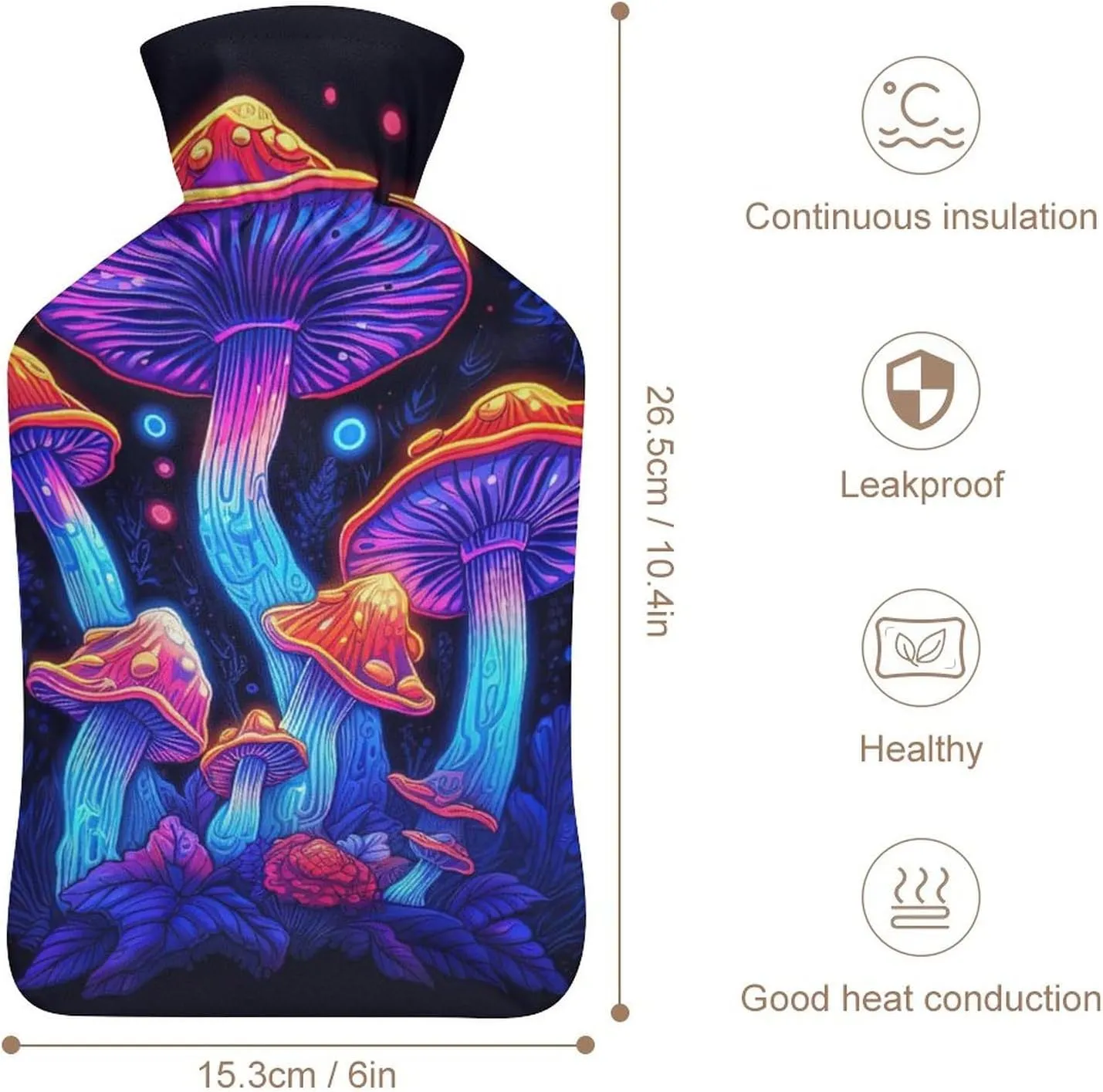 Hot Water Bottle with Soft Cover, Trippy Mushroom 1L Warm Water Bag for Menstrual Cramps, Fungus Neck and Shoulder Pain Relief, Ideal for Hand & Feet Warmer for Kids, Men & Women, Hot & Cold Compress