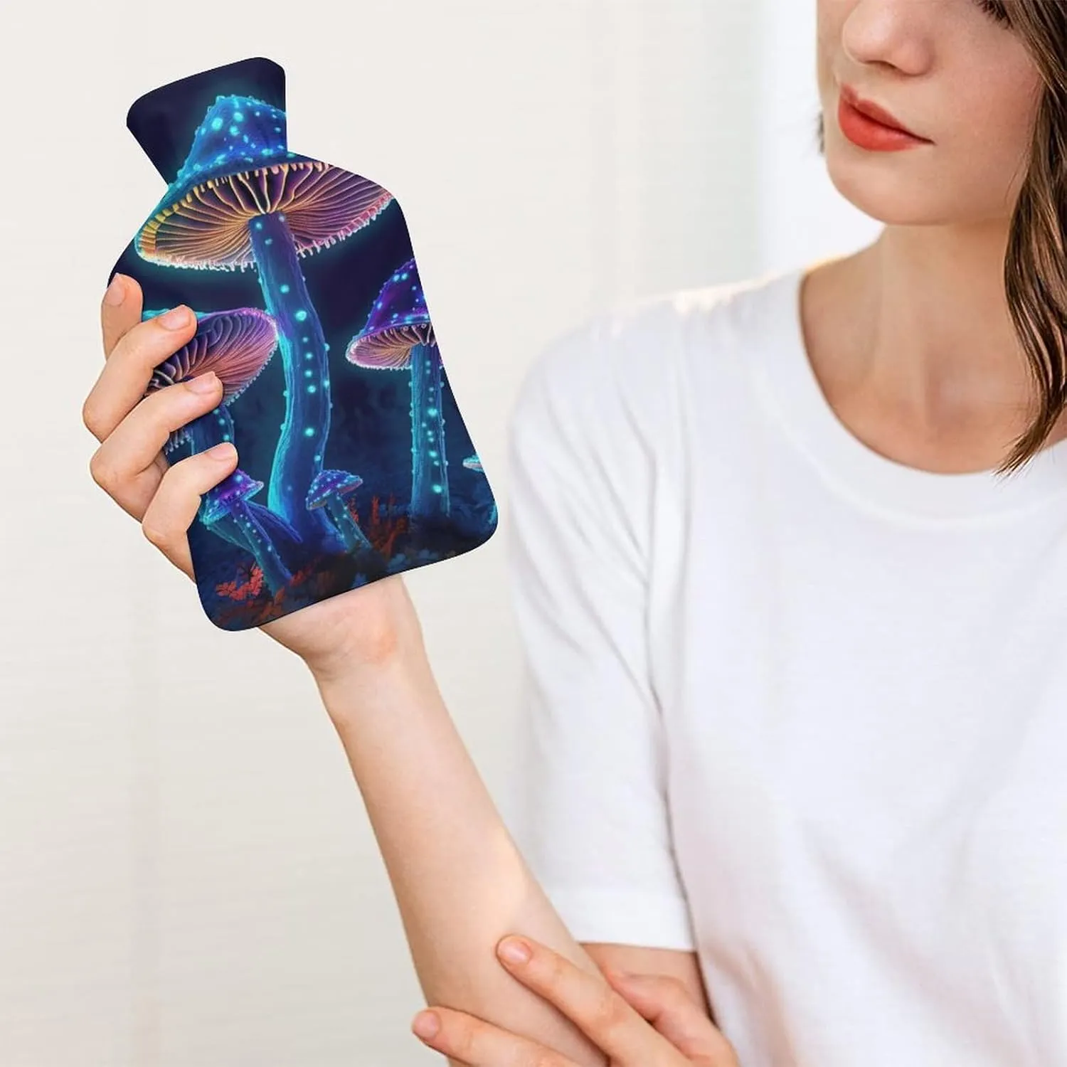 Hot Water Bottle with Soft Cover, Trippy Mushroom 1L Warm Water Bag for Menstrual Cramps, Fungus Neck and Shoulder Pain Relief, Ideal for Hand & Feet Warmer for Kids, Men & Women, Hot & Cold Compress