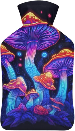 Hot Water Bottle with Soft Cover, Trippy Mushroom 1L Warm Water Bag for Menstrual Cramps, Fungus Neck and Shoulder Pain Relief, Ideal for Hand & Feet Warmer for Kids, Men & Women, Hot & Cold Compress