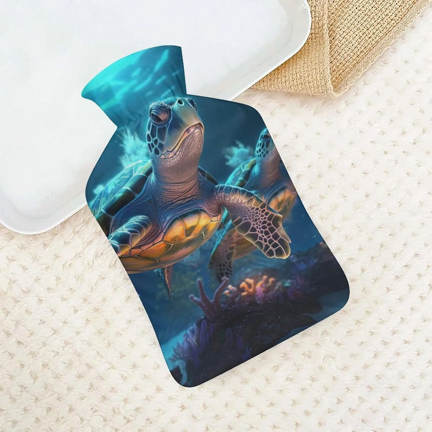 Hot Water Bottle with Soft Cover, Undersea World 1L Warm Water Bag for Menstrual Cramps, Ocean Animal Neck And Shoulder Pain Relief, Ideal for Hand & Feet Warmer for Kids, Men & Women, Hot & Cold Comp