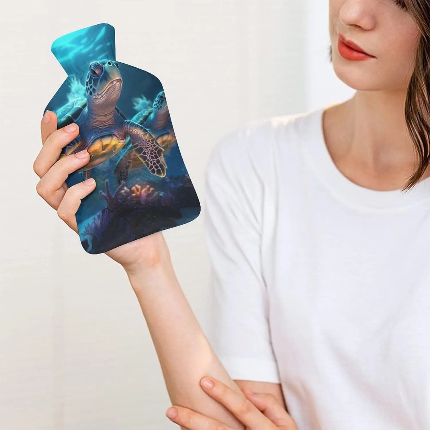 Hot Water Bottle with Soft Cover, Undersea World 1L Warm Water Bag for Menstrual Cramps, Ocean Animal Neck And Shoulder Pain Relief, Ideal for Hand & Feet Warmer for Kids, Men & Women, Hot & Cold Comp