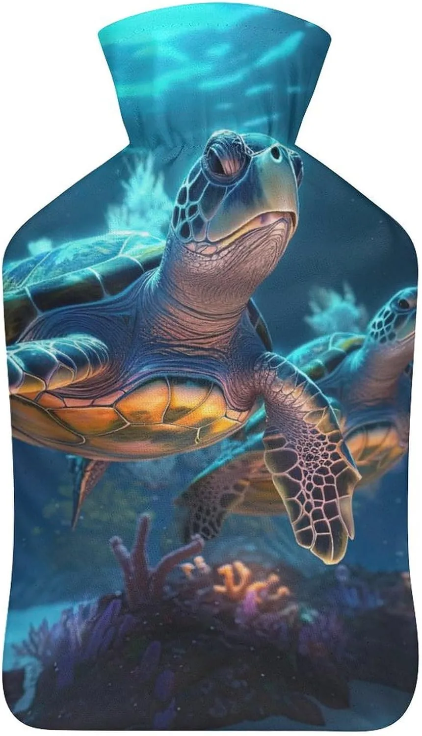 Hot Water Bottle with Soft Cover, Undersea World 1L Warm Water Bag for Menstrual Cramps, Ocean Animal Neck And Shoulder Pain Relief, Ideal for Hand & Feet Warmer for Kids, Men & Women, Hot & Cold Comp