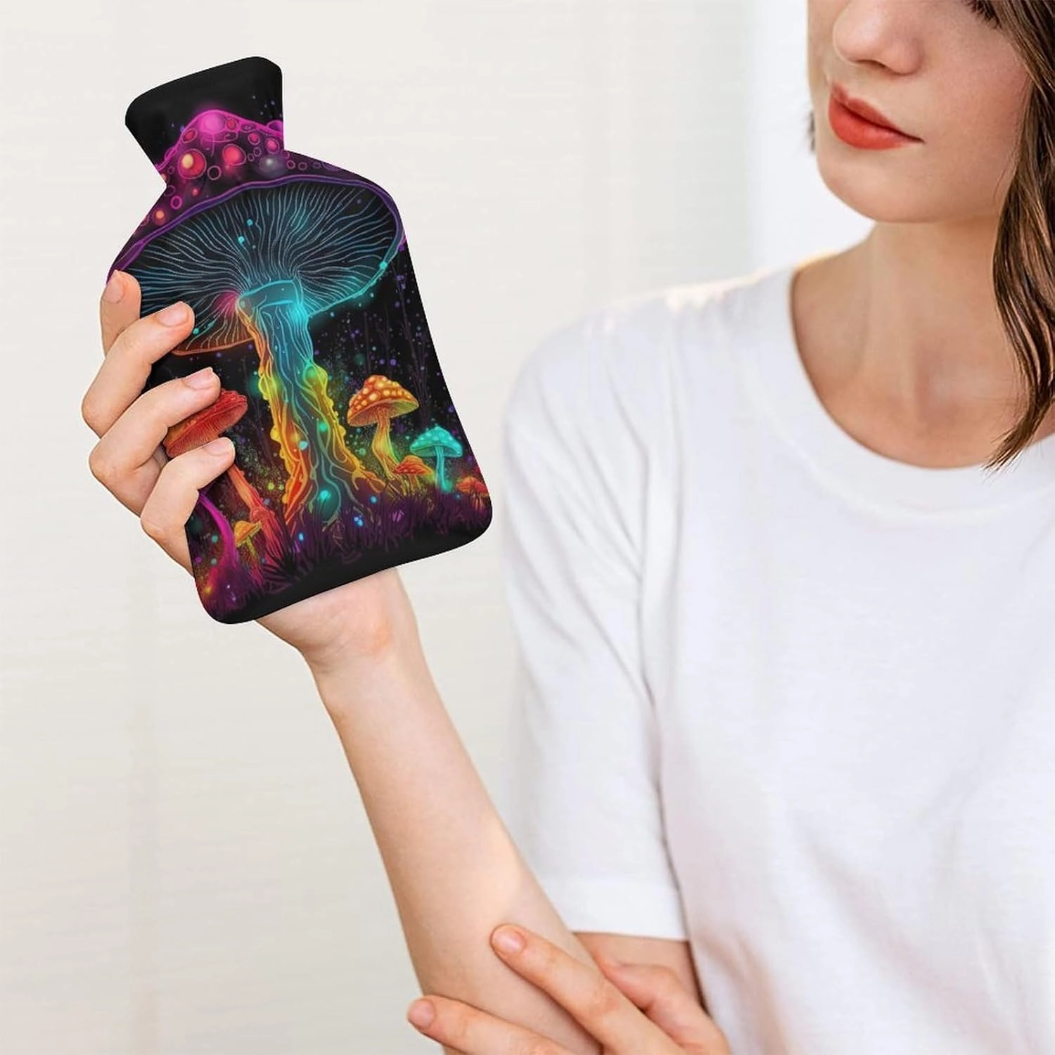 Hot Water Bottle with Soft Cover, Fantasy Plant 1L Warm Water Bag for Menstrual Cramps, Fungus Neck and Shoulder Pain Relief, Ideal for Hand & Feet Warmer for Kids, Men & Women, Hot & Cold Compress