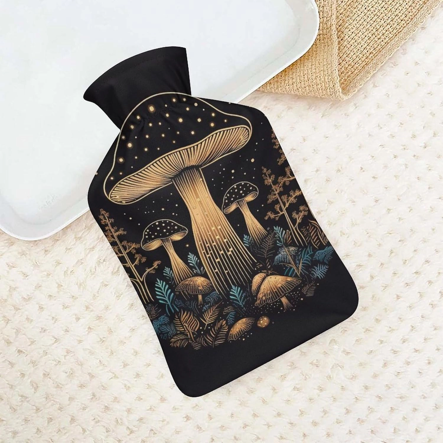 Hot Water Bottle with Soft Cover, Fantasy Plant 1L Warm Water Bag for Menstrual Cramps, Fungus Neck and Shoulder Pain Relief, Ideal for Hand & Feet Warmer for Kids, Men & Women, Hot & Cold Compress
