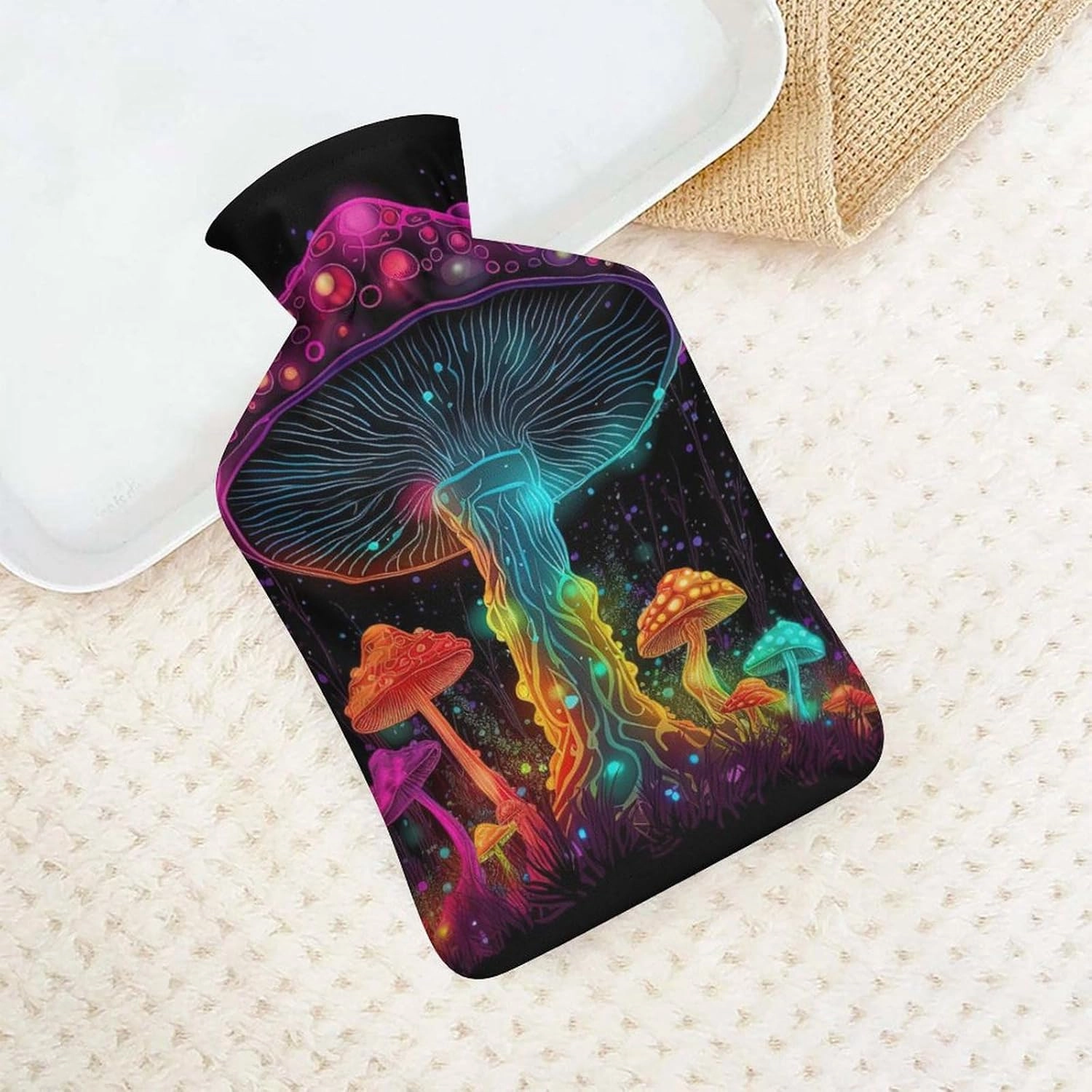 Hot Water Bottle with Soft Cover, Fantasy Plant 1L Warm Water Bag for Menstrual Cramps, Fungus Neck and Shoulder Pain Relief, Ideal for Hand & Feet Warmer for Kids, Men & Women, Hot & Cold Compress