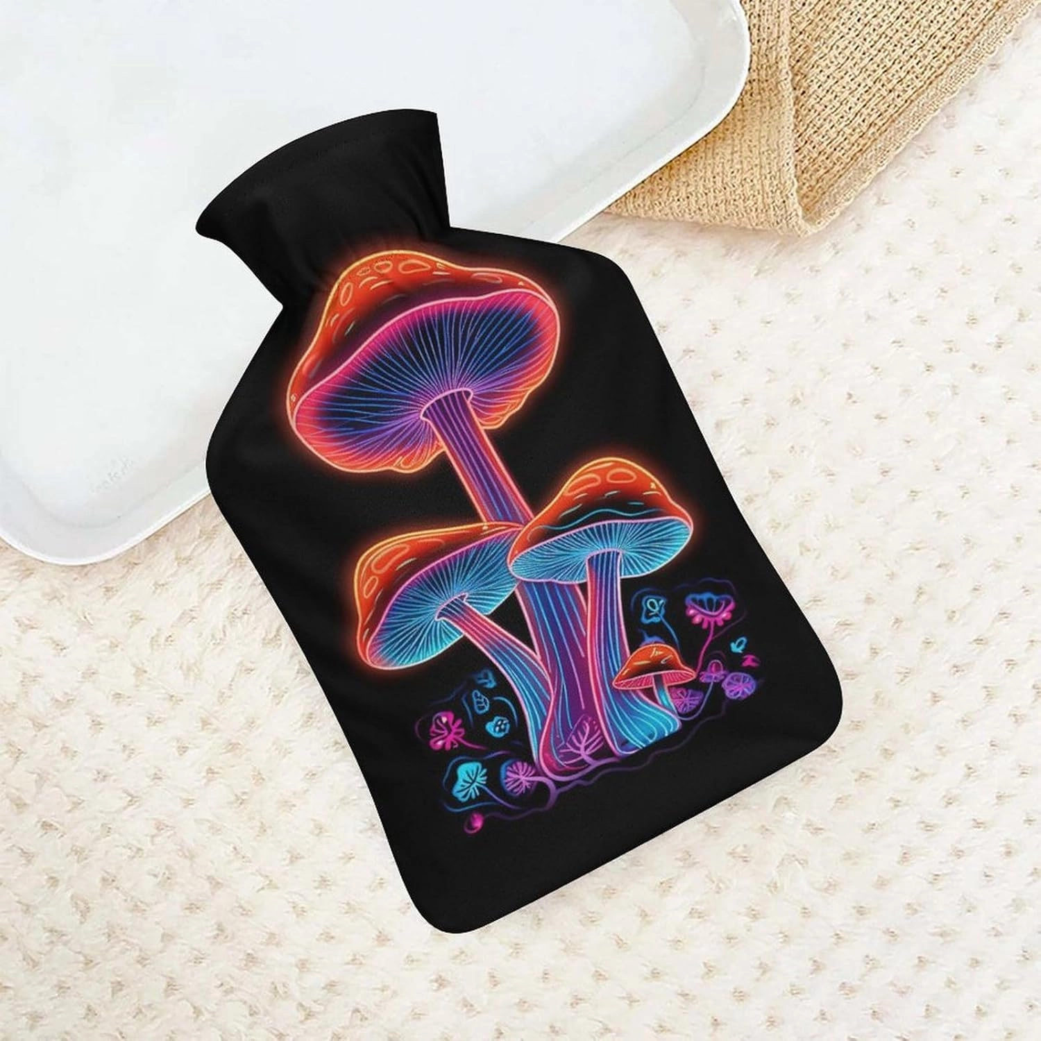 Hot Water Bottle with Soft Cover, Mushroom 1L Warm Water Bag for Menstrual Cramps, Fungus Neck and Shoulder Pain Relief, Ideal for Hand & Feet Warmer for Kids, Men & Women, Hot & Cold Compress