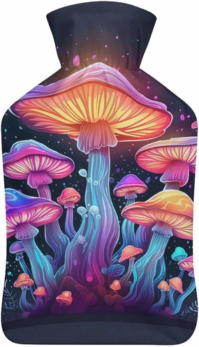 Hot Water Bottle with Soft Cover, Mushroom 1L Warm Water Bag for Menstrual Cramps, Fungus Neck and Shoulder Pain Relief, Ideal for Hand & Feet Warmer for Kids, Men & Women, Hot & Cold Compress