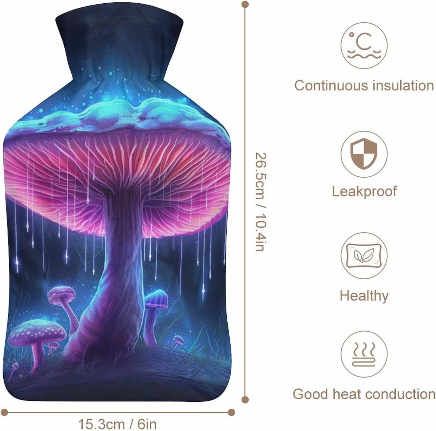 Hot Water Bottle with Soft Cover, Mushroom 1L Warm Water Bag for Menstrual Cramps, Fungus Neck and Shoulder Pain Relief, Ideal for Hand & Feet Warmer for Kids, Men & Women, Hot & Cold Compress