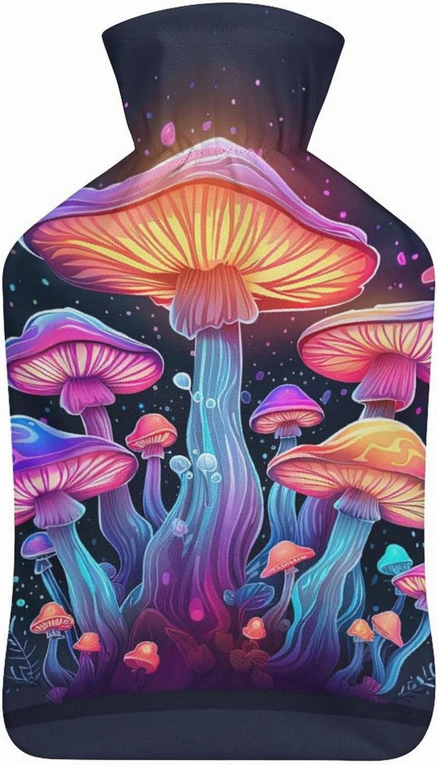 Hot Water Bottle with Soft Cover, Mushroom 1L Warm Water Bag for Menstrual Cramps, Fungus Neck and Shoulder Pain Relief, Ideal for Hand & Feet Warmer for Kids, Men & Women, Hot & Cold Compress